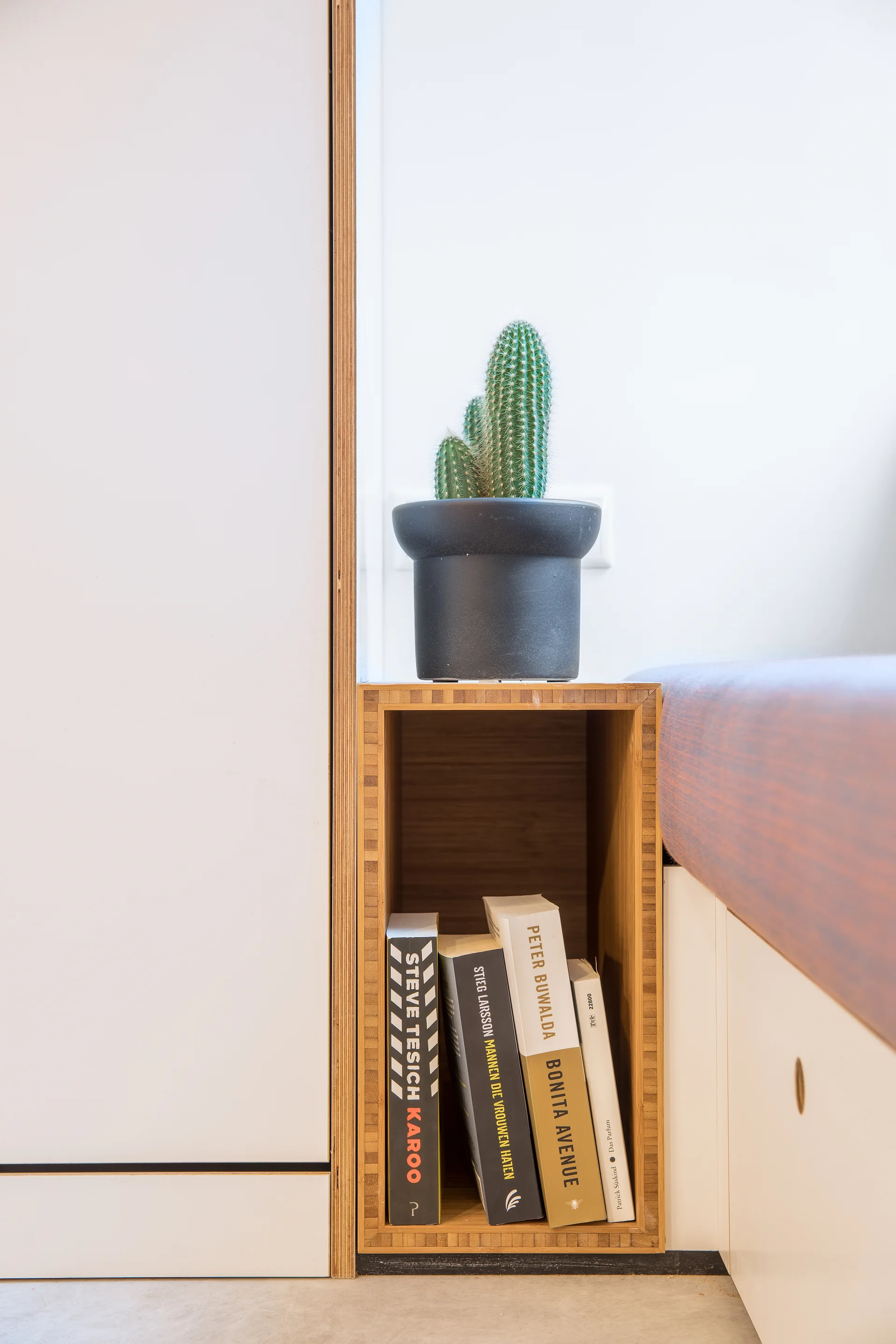 A close-up of an integrated plywood cubby shelf built into white cabinetry, containing several books and topped with a potted cactus next to a bench.
