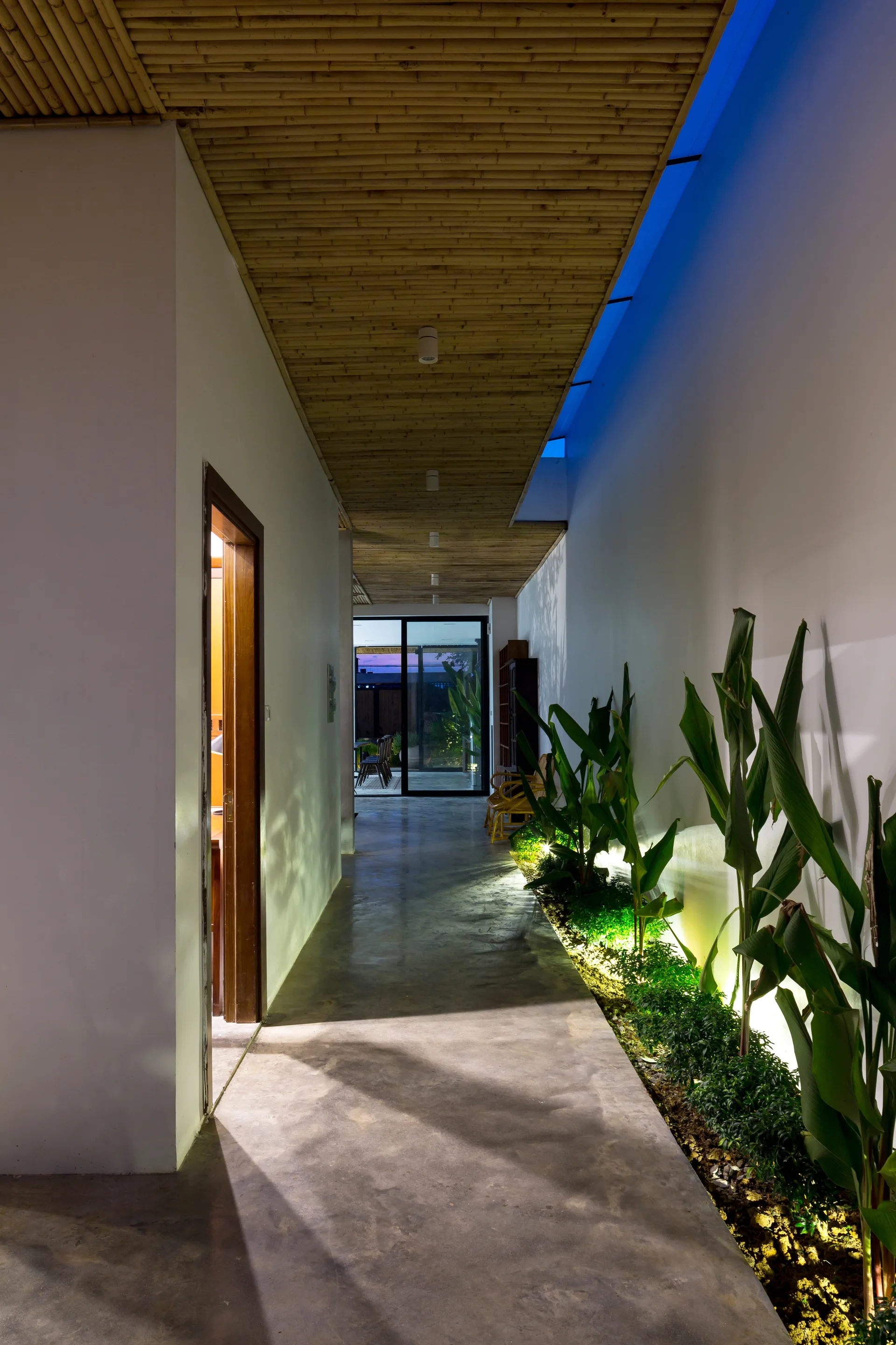 A long modern hallway featuring a slatted bamboo ceiling, concrete floors, and an indoor garden bed with green plants and warm uplighting.