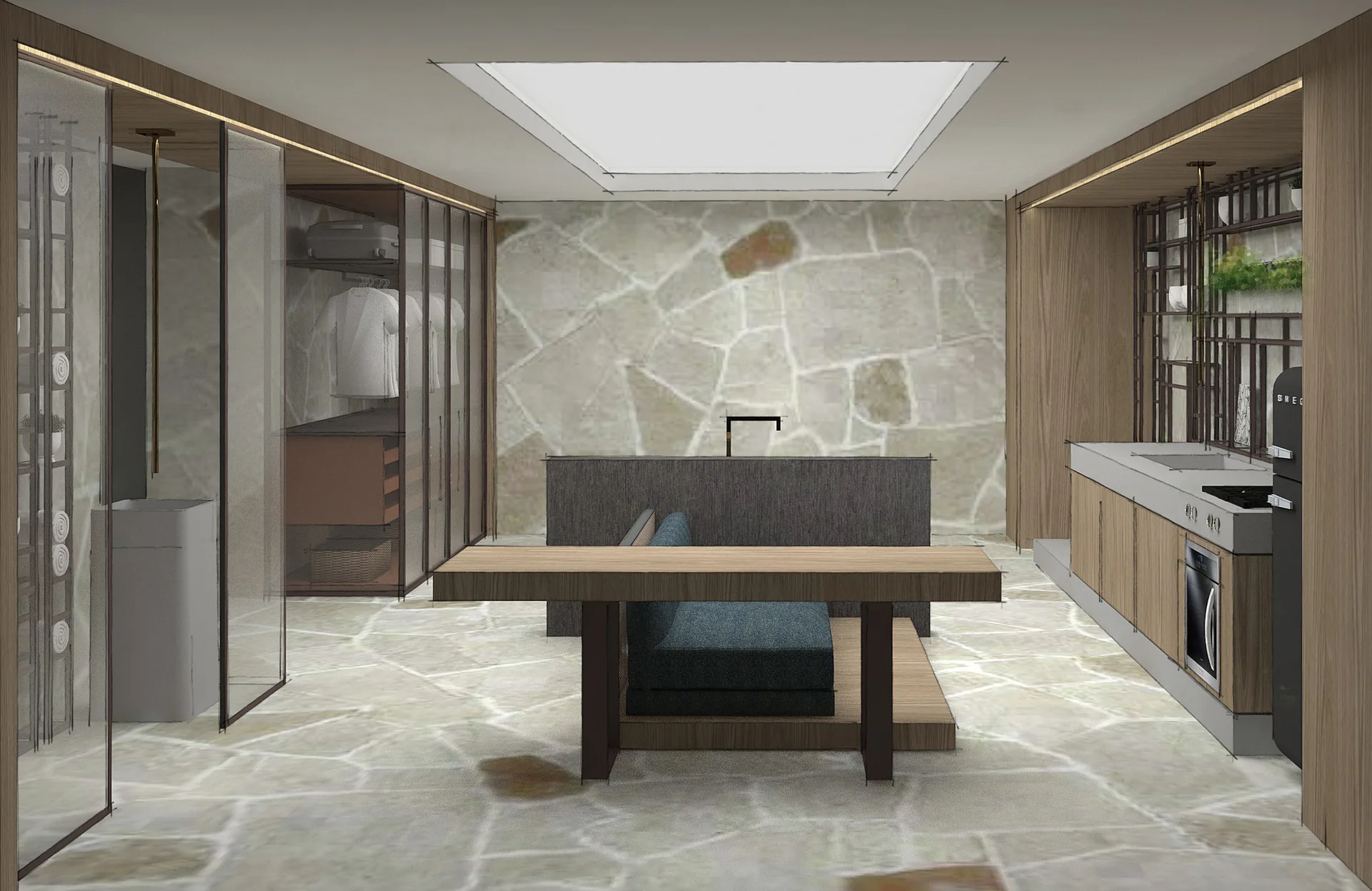 A contemporary interior rendering features a central dining bench, wood cabinetry, glass-front closets, and flagstone stone walls and flooring.