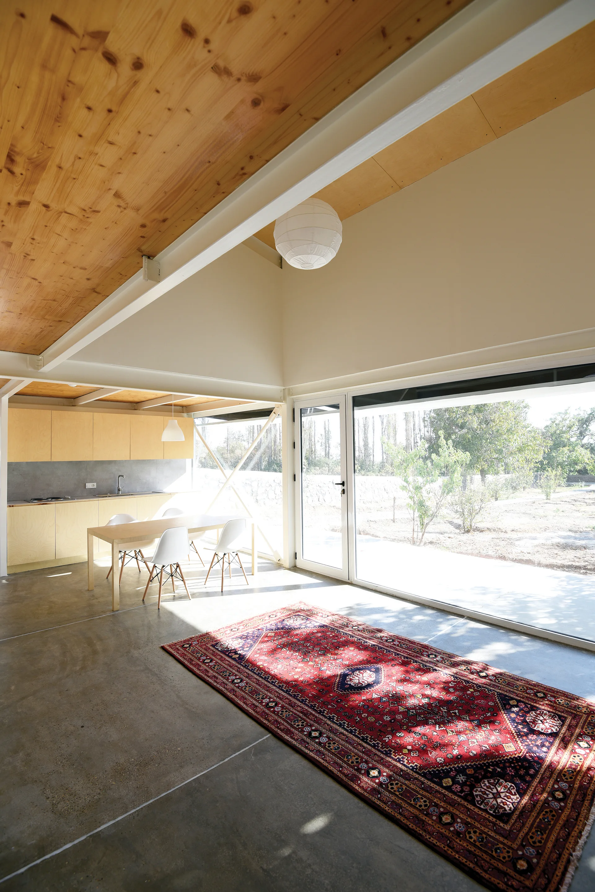 An open-plan kitchen and dining area features natural wood cabinetry, polished concrete floors, and a patterned red rug under a sloped wood ceiling.