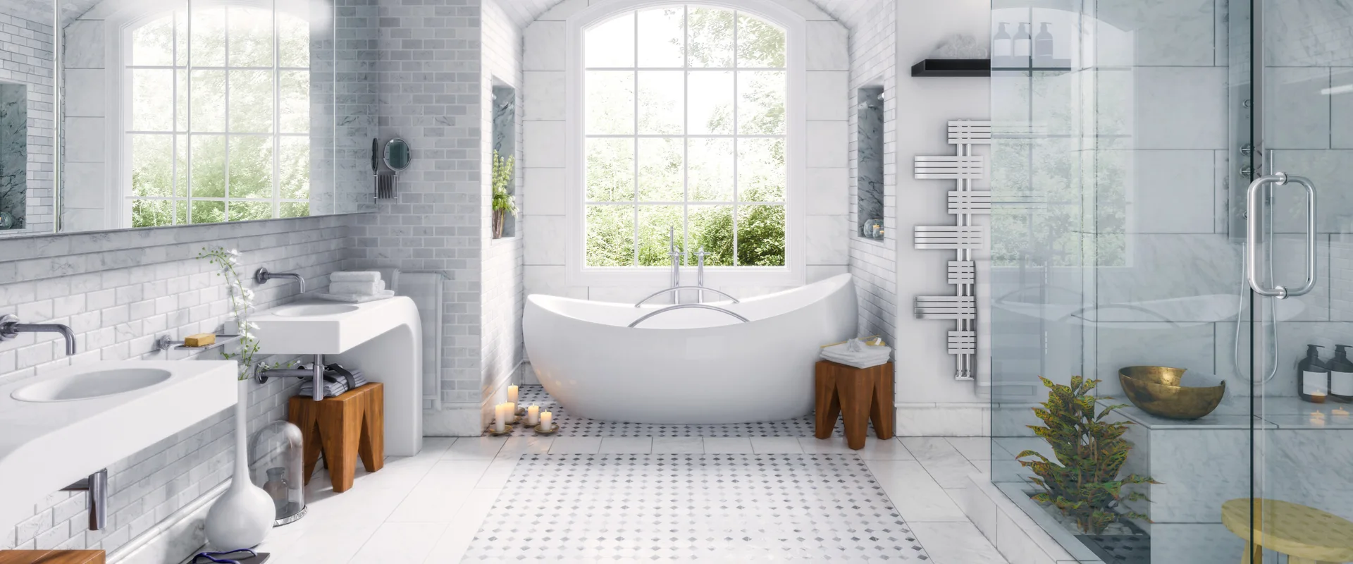 A symmetrical white bathroom featuring a freestanding bathtub under an arched window, flanked by wooden stools and a glass shower.