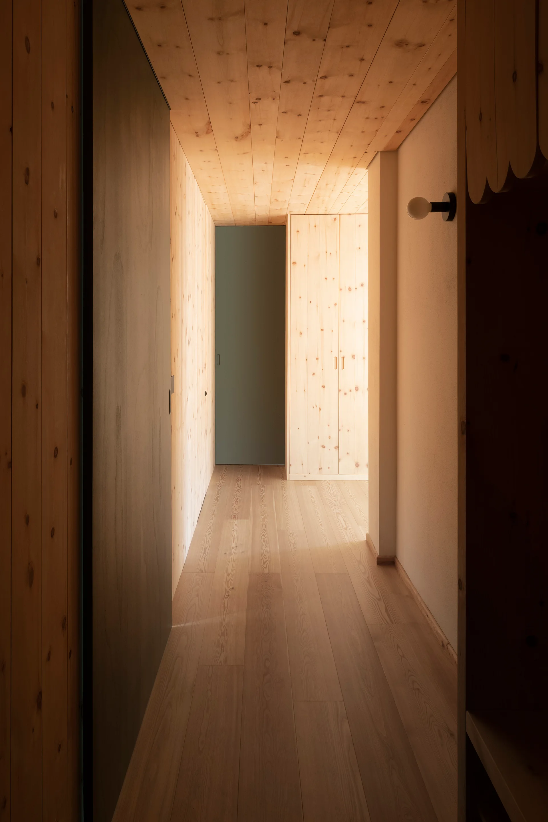 A narrow interior hallway featuring light wood plank walls, floor, and ceiling, with a muted green door and built-in wooden wardrobe at the far end.