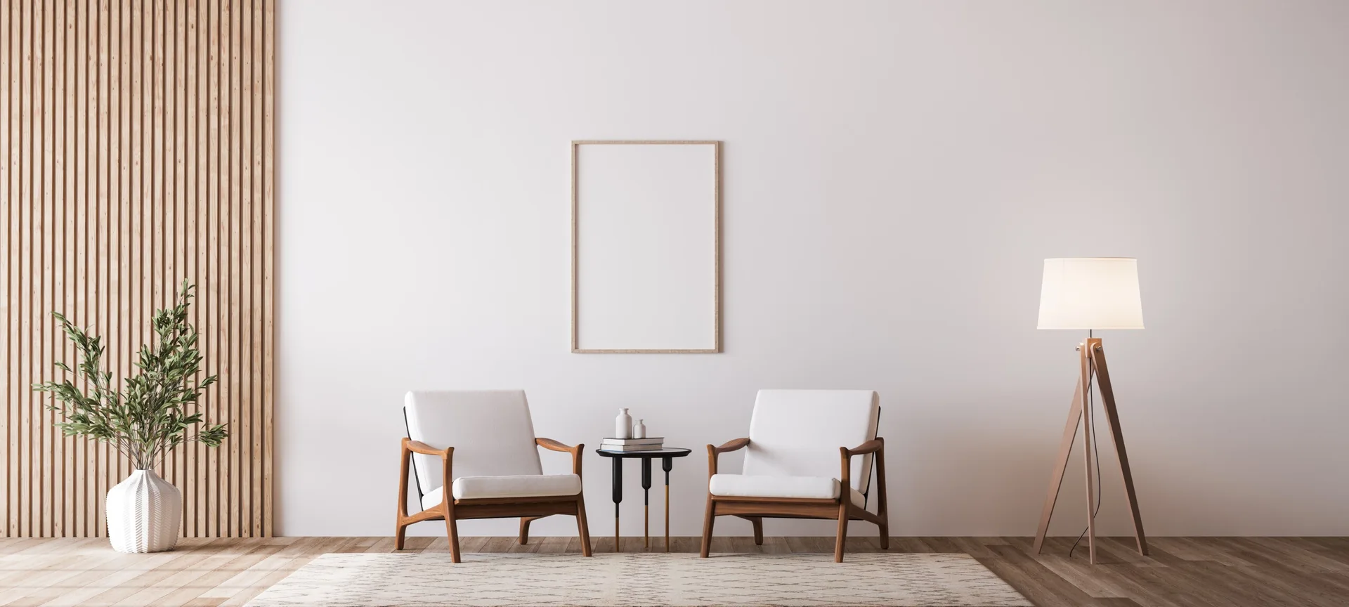 Two white mid-century modern armchairs flank a black side table on a patterned rug, set against a white wall with a vertical wood slat accent.