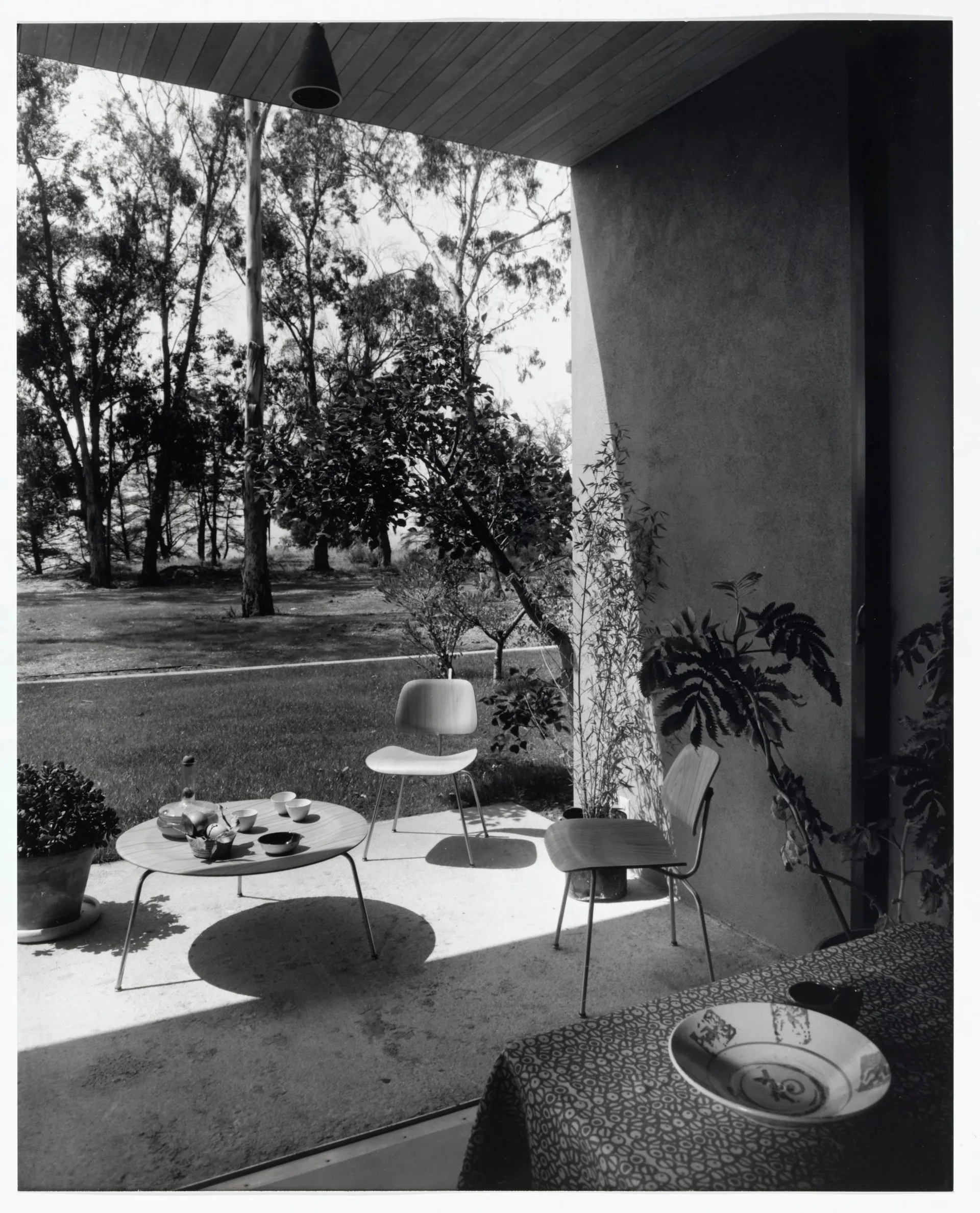 A black and white photograph of a covered concrete patio featuring two molded plywood chairs, a low circular table, and potted plants facing a grassy yard.