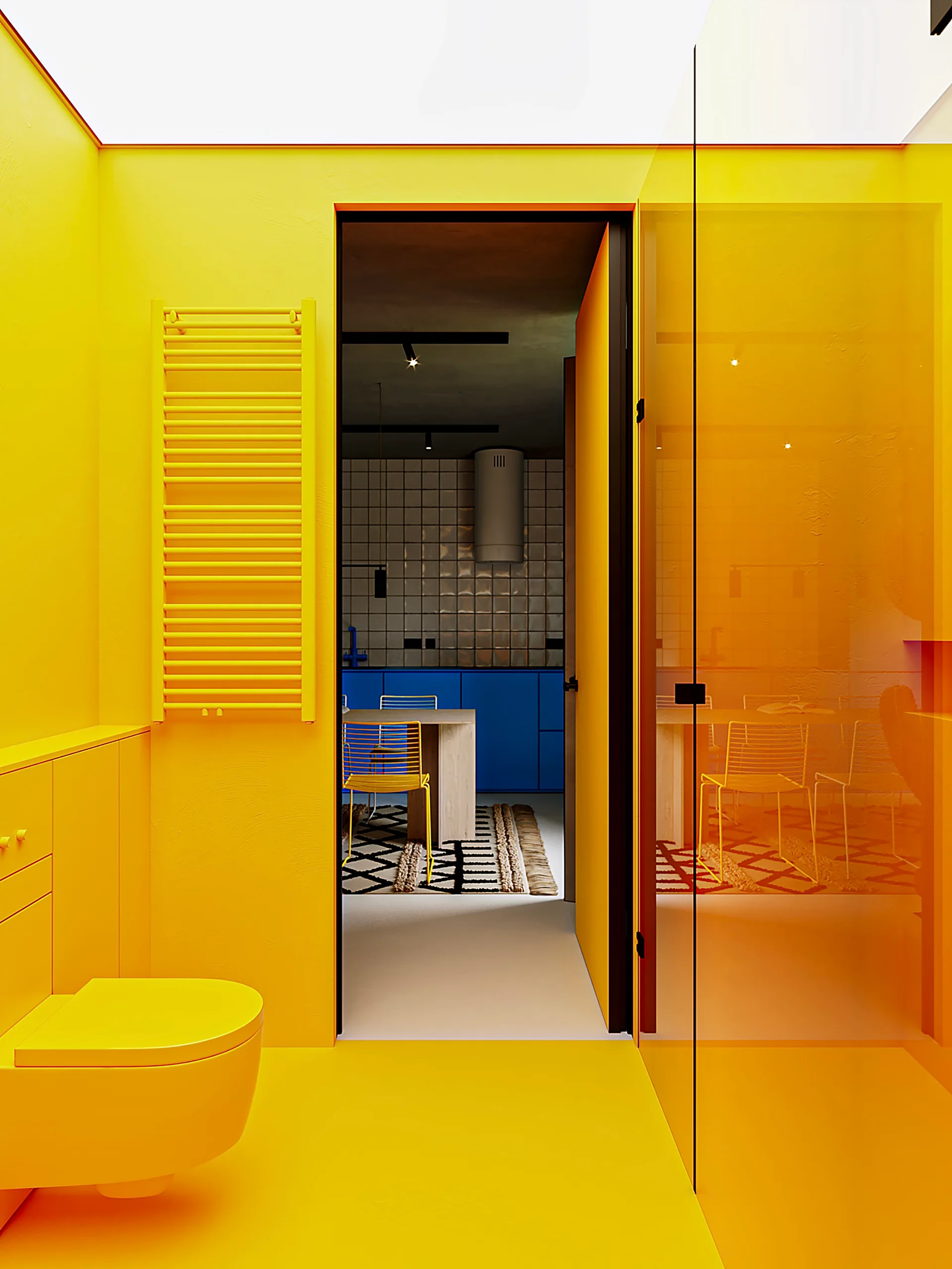 A monochromatic yellow bathroom with a wall-mounted toilet and radiator opens to a kitchen with blue cabinets and a white tiled wall.