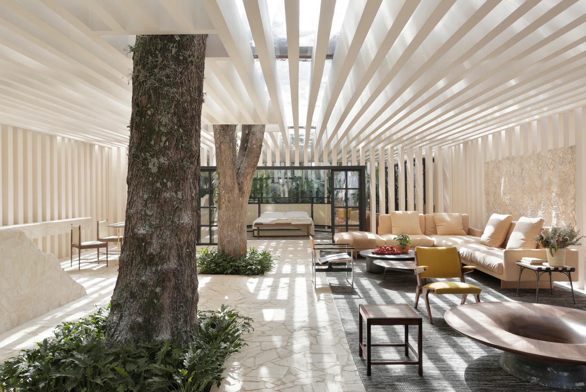 A sunlit living room featuring two mature indoor trees growing through irregular stone flooring beneath a cream slatted ceiling.