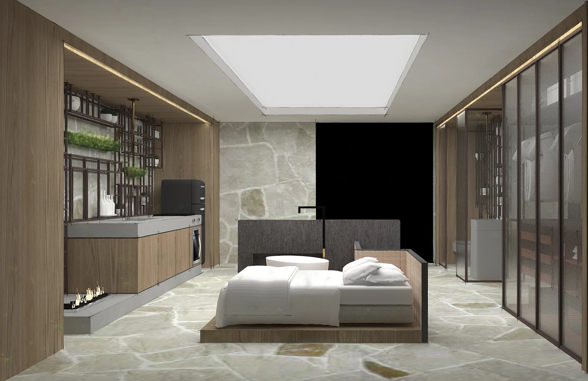 A modern studio bedroom featuring a central platform bed, integrated wood kitchenette, and irregular flagstone flooring beneath a large skylight.