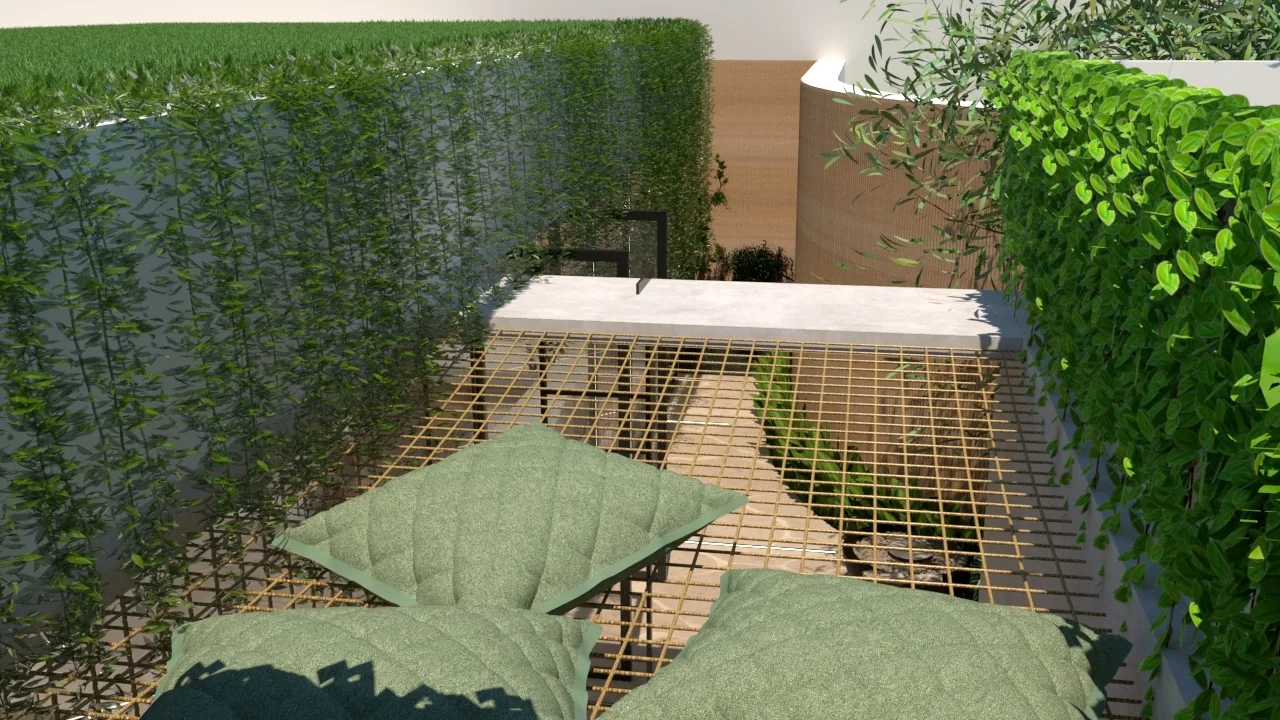A modern suspended metal mesh lounge area with green cushions is enclosed by vertical garden walls covered in lush ivy.