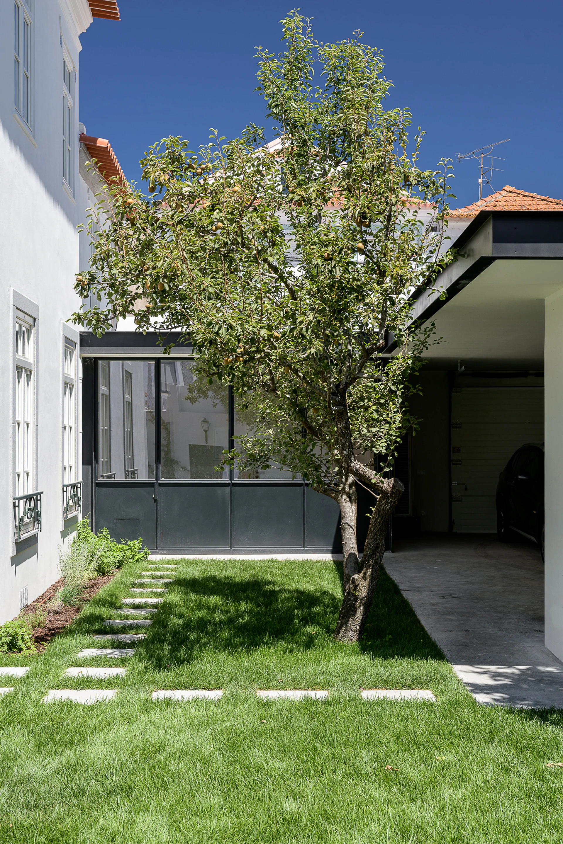 A residential courtyard garden features a green lawn with rectangular stone stepping stones, a central fruit tree, and a white plastered house facade.
