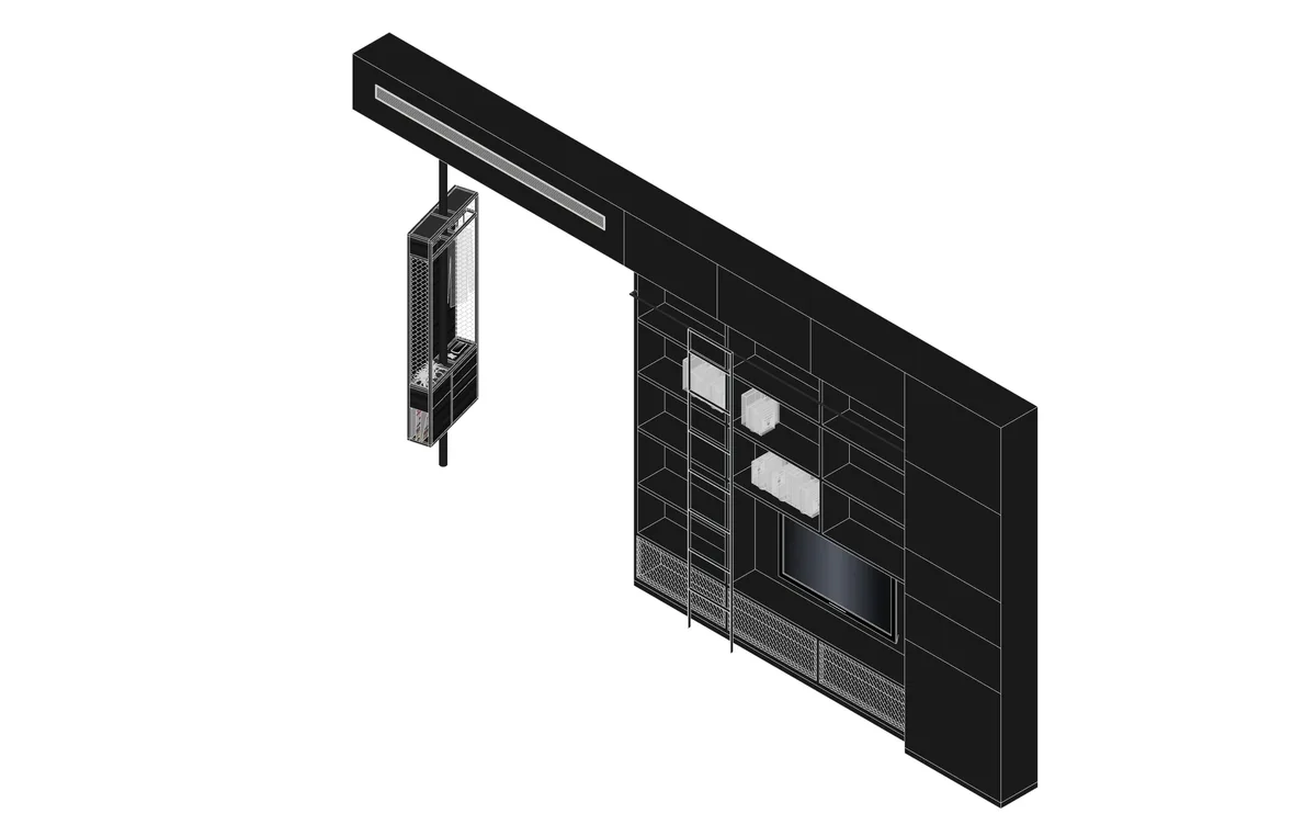 An isometric architectural rendering of a matte black storage wall unit featuring open shelves, an integrated ladder, and a television niche.