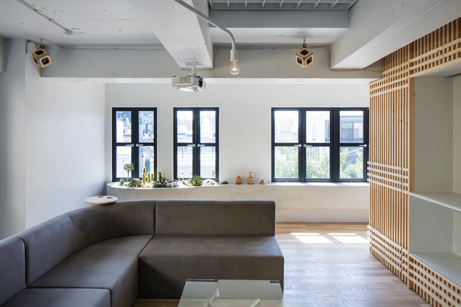 A minimalist living room features a grey sectional sofa, black-framed windows with a concrete sill holding cacti, and a slatted wood screen.