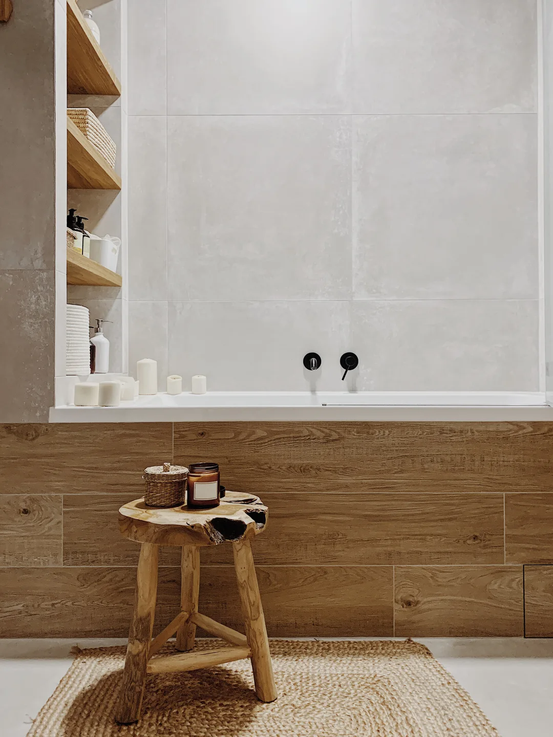 wooden stool in bathroom