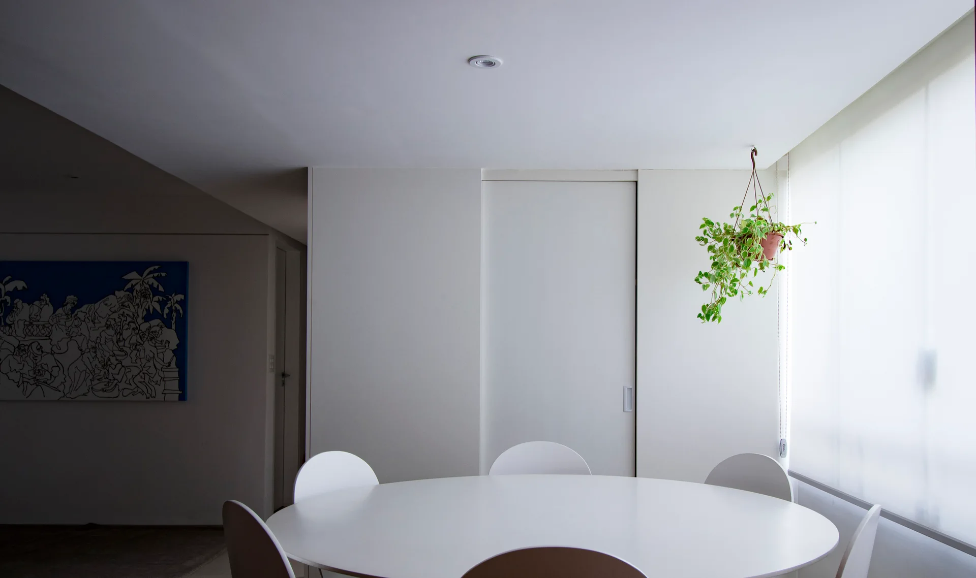 A minimalist white dining room features a round table with matching chairs, a sliding door, and a hanging green plant near a shaded window.