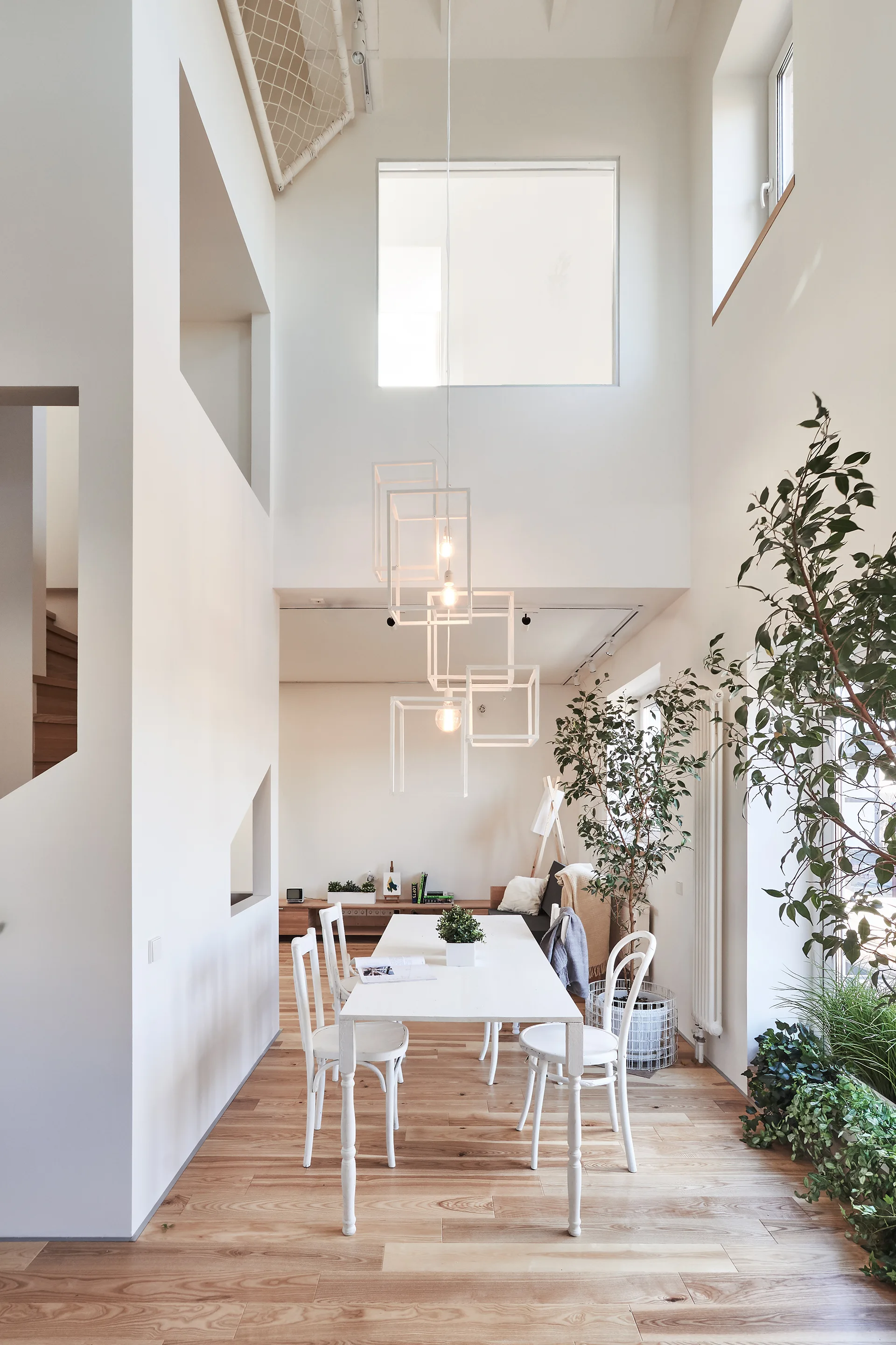 A high-ceiling dining room features a white wooden table and chairs, a geometric pendant light, and tall green houseplants on light wood floors.