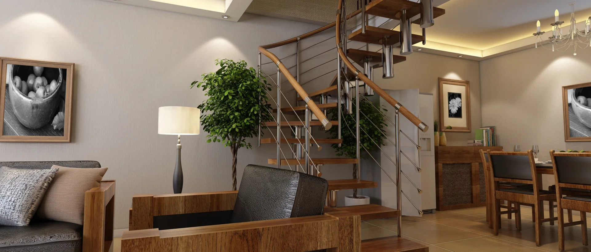 An open-concept living and dining area features a central wooden spiral staircase, dark leather armchairs, and warm cove lighting.
