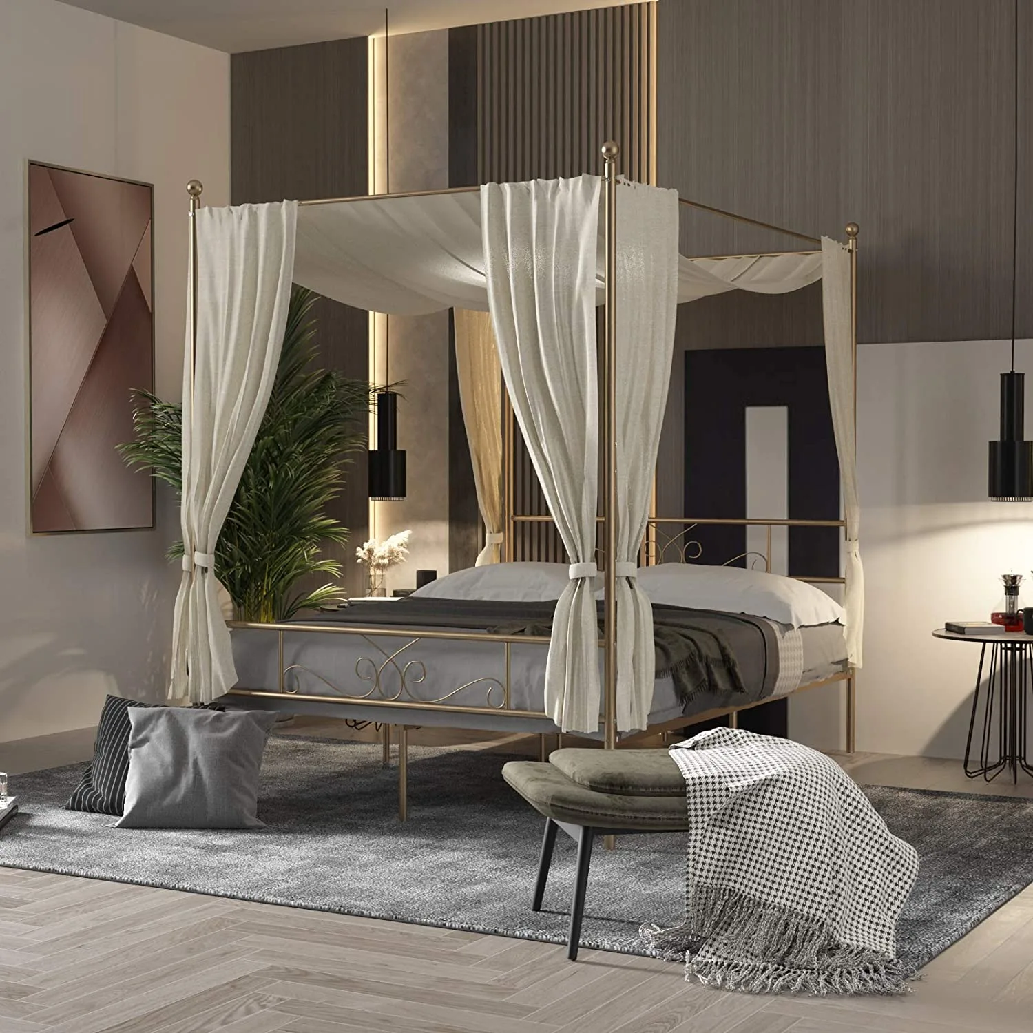 A modern bedroom features a gold canopy bed with white drapes, a slatted wood accent wall with integrated lighting, and a grey area rug on herringbone floors.