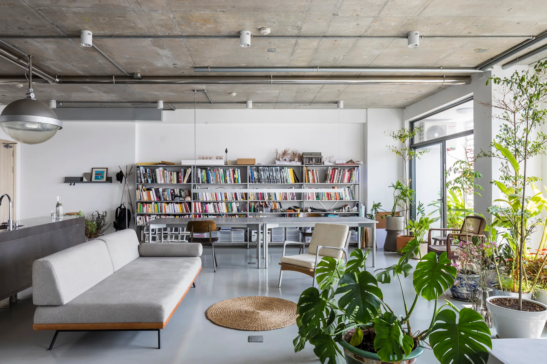 An industrial loft apartment features a gray sofa, a large metal bookshelf, and potted plants under an exposed concrete ceiling.