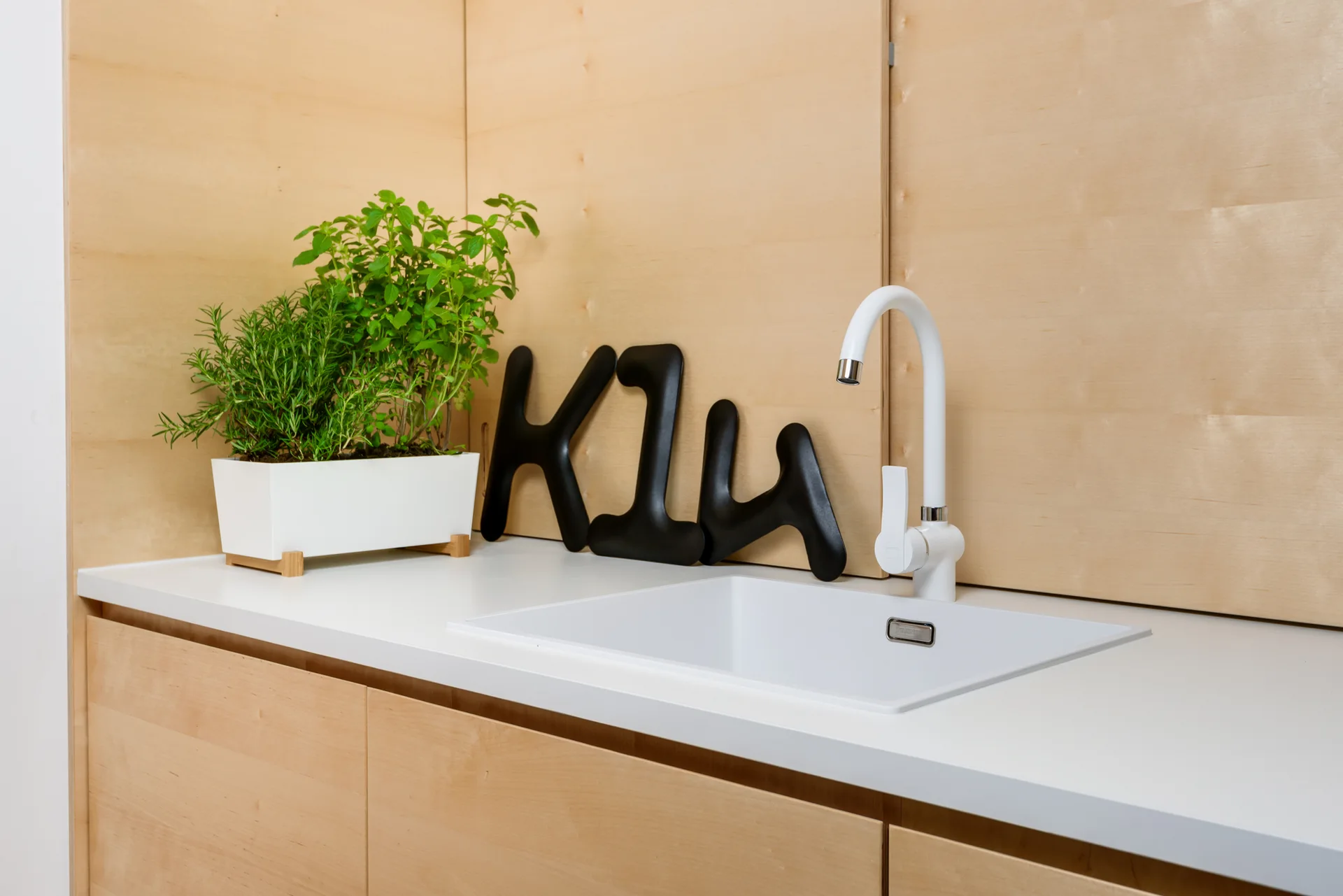 A minimalist kitchen counter features light wood plywood paneling, a white undermount sink with a matching white faucet, and a small potted herb planter.