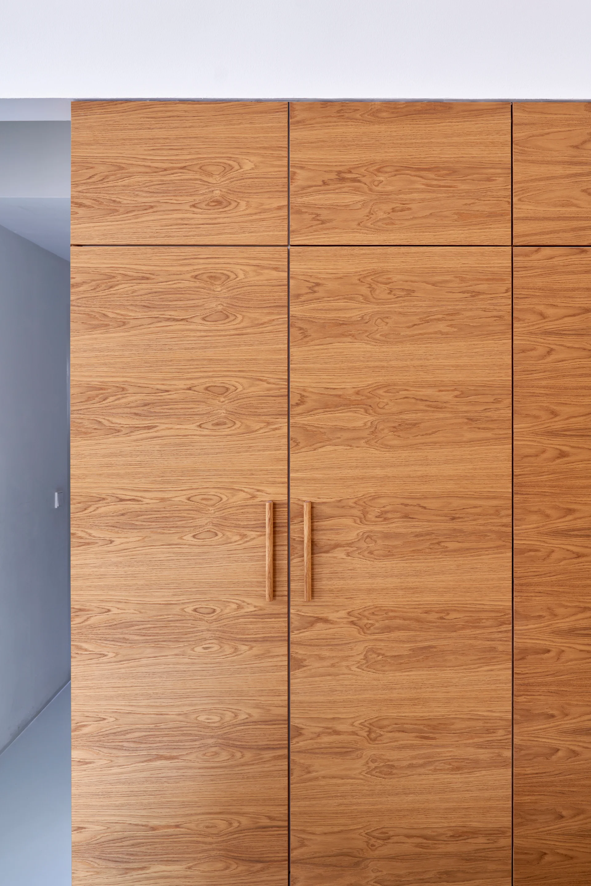 Clean-lined wooden cabinetry with vertical matching pull handles stands next to a smooth gray wall under a white ceiling.