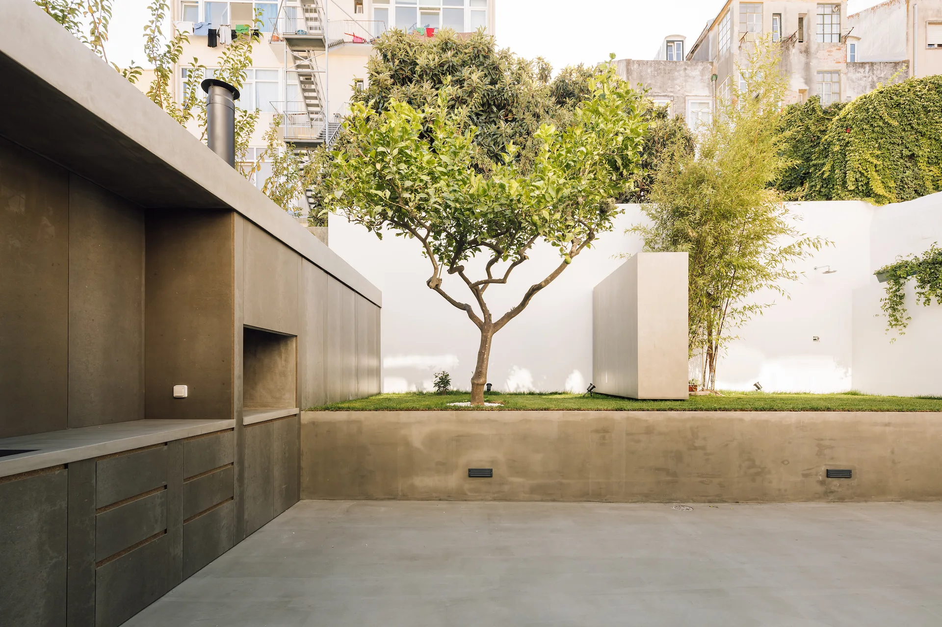 A minimalist outdoor patio features a gray concrete kitchen unit alongside an elevated grass planter with a single tree against a white wall.