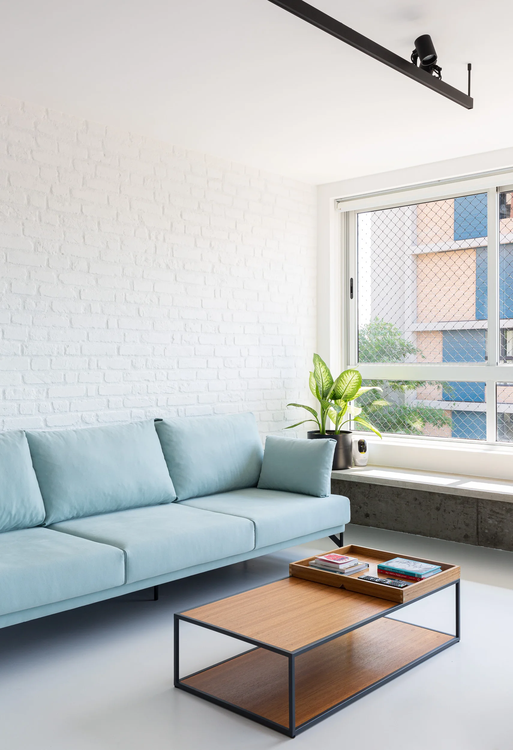 A light blue sofa rests against a white painted brick wall next to a window with a concrete sill holding a green potted plant.
