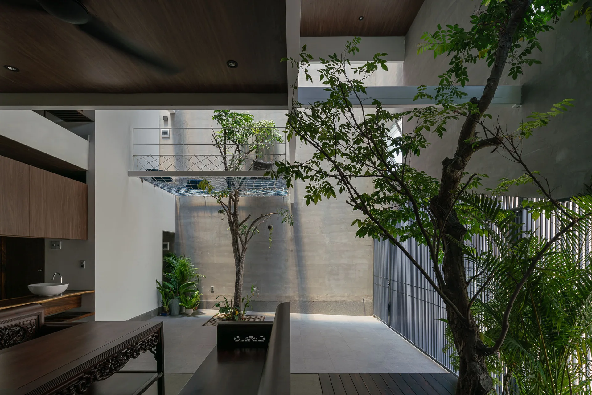 An indoor courtyard features a live tree, smooth concrete walls, a dark wood ceiling, and a blue mesh hammock suspended between floors.