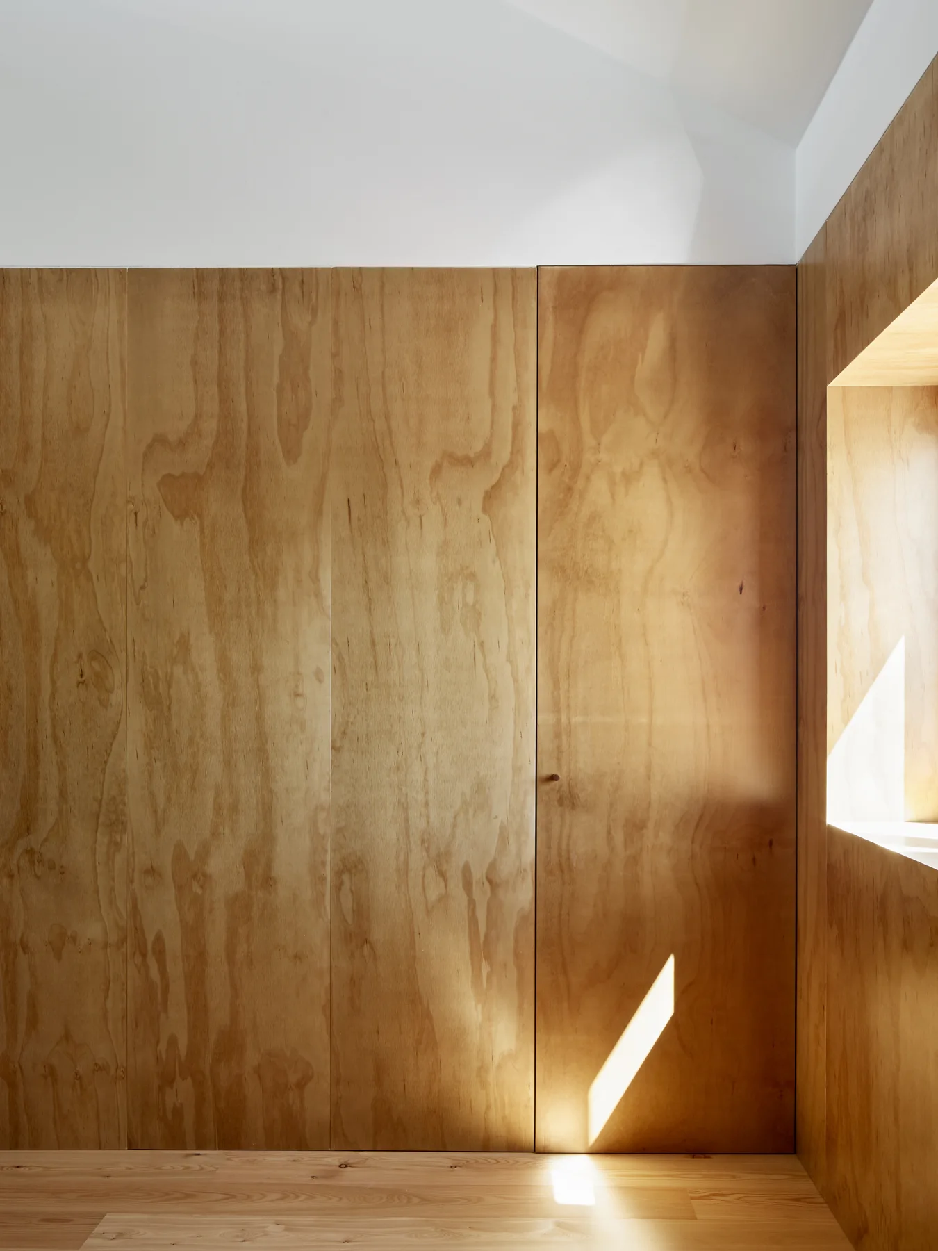 Minimalist interior corner featuring floor-to-ceiling light plywood wall panels, a flush cabinet door, and light wood plank flooring.