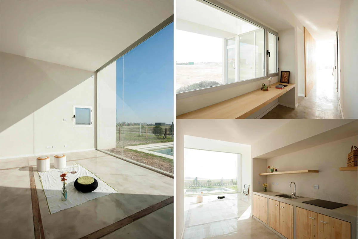 A collage of three minimalist interior spaces showing a sunlit room with large windows, a long wooden desk bench, and a kitchen with wood cabinetry.