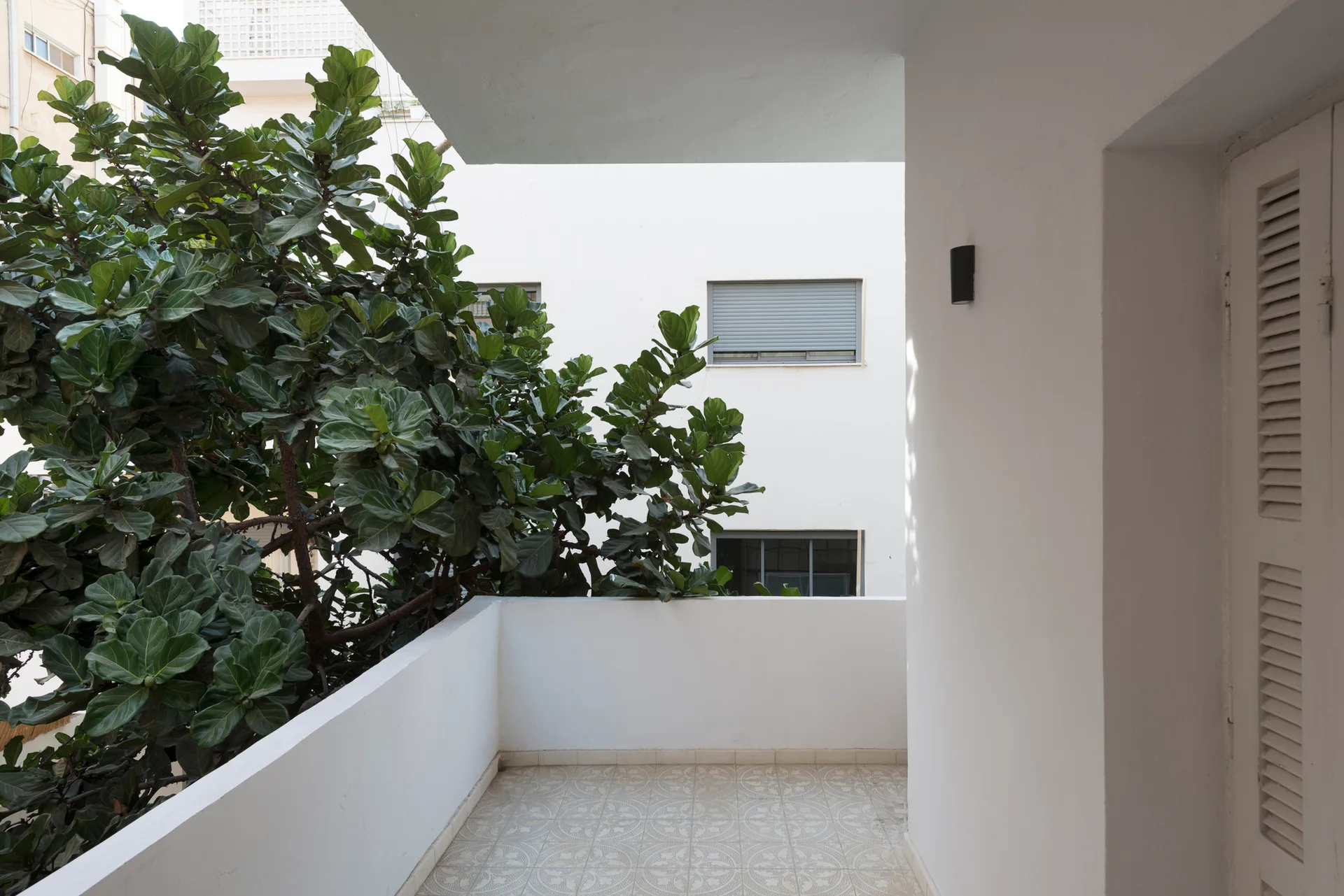 A white balcony features patterned floor tiles, a white louvered door, a solid stucco railing, and a large green leafy tree.