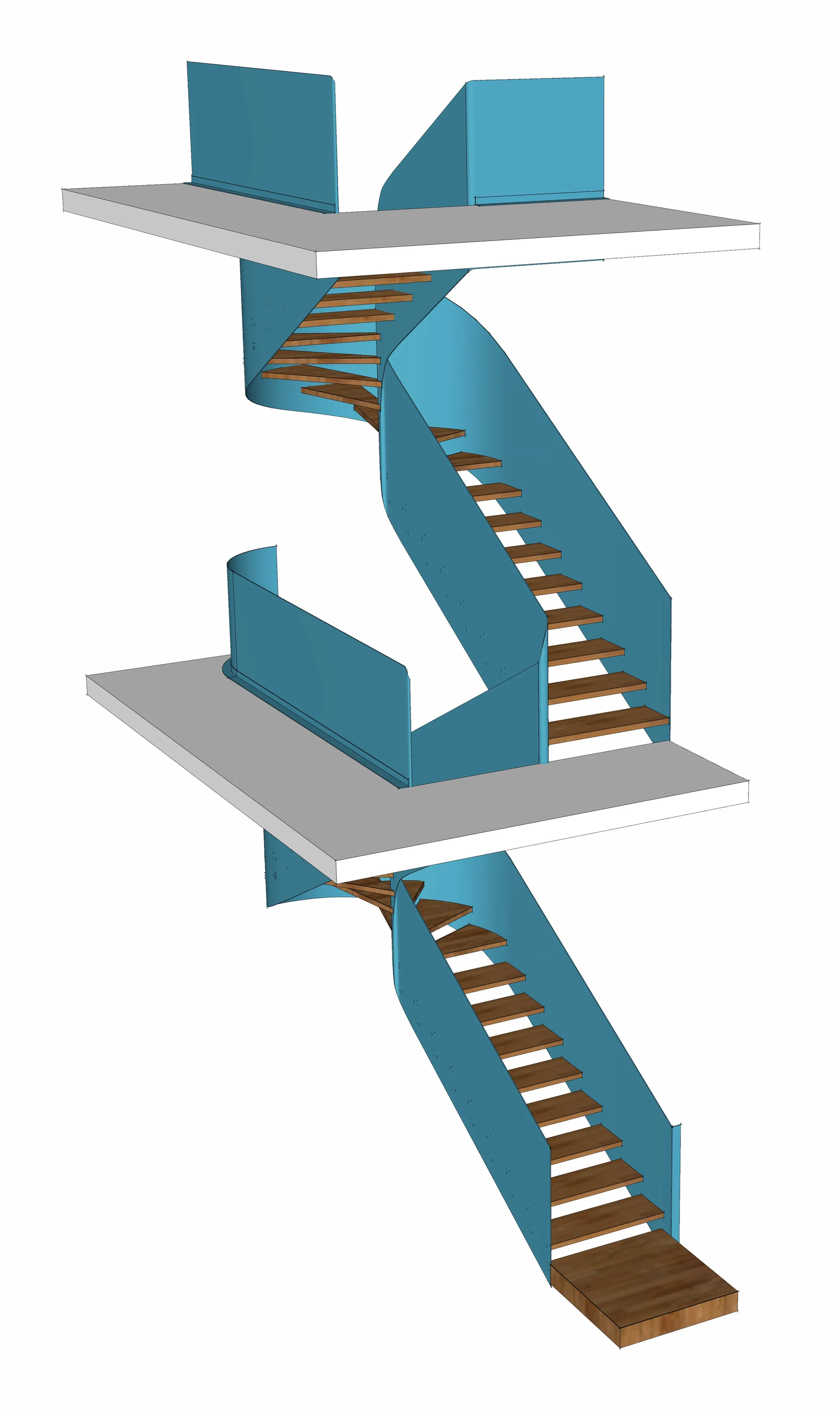 A 3D architectural rendering of a multi-level minimalist staircase with wooden treads and solid blue steel handrails.