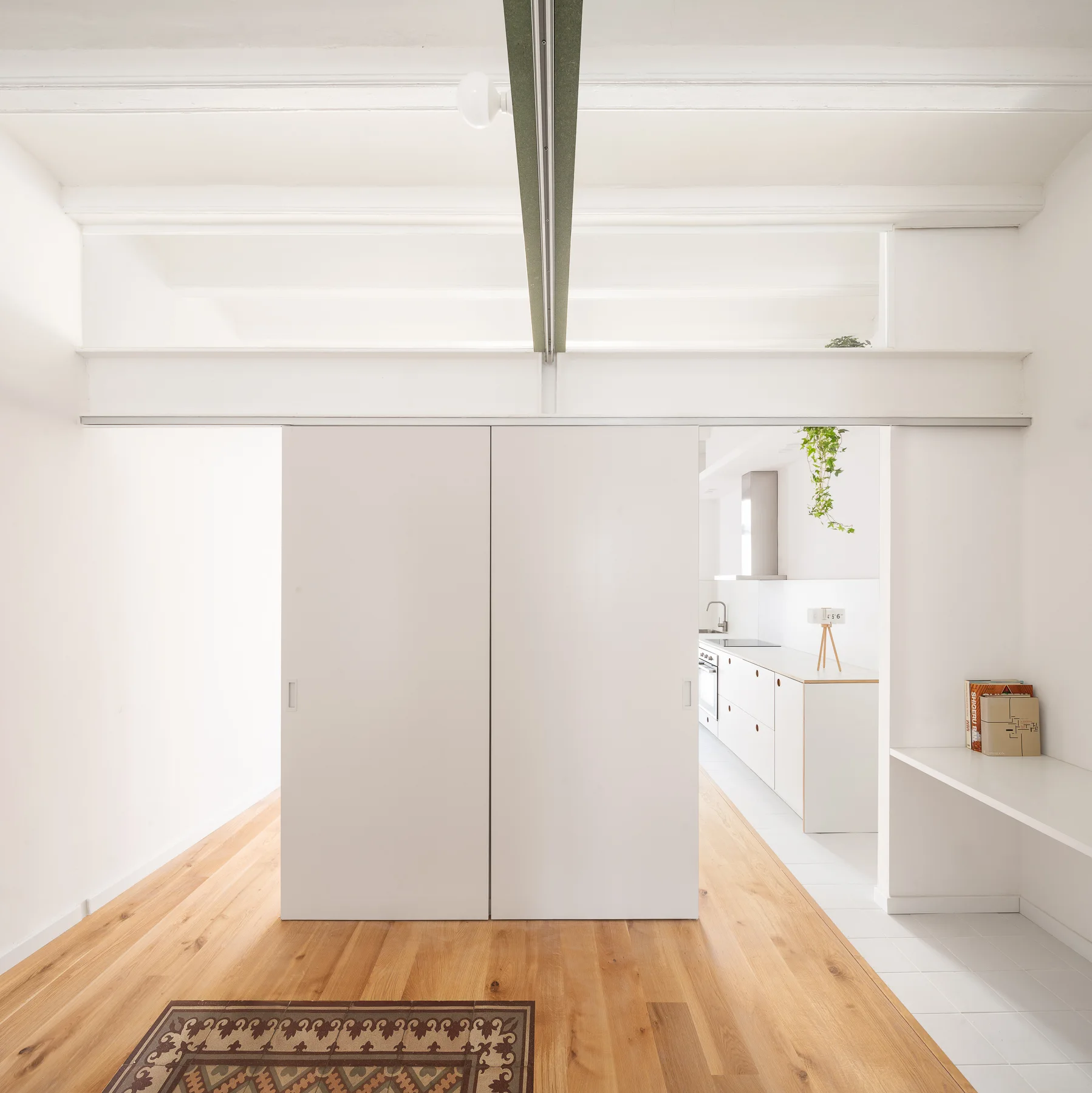 White sliding partition doors open to reveal a minimalist kitchen with white cabinets, light wood flooring, and a green hanging plant.