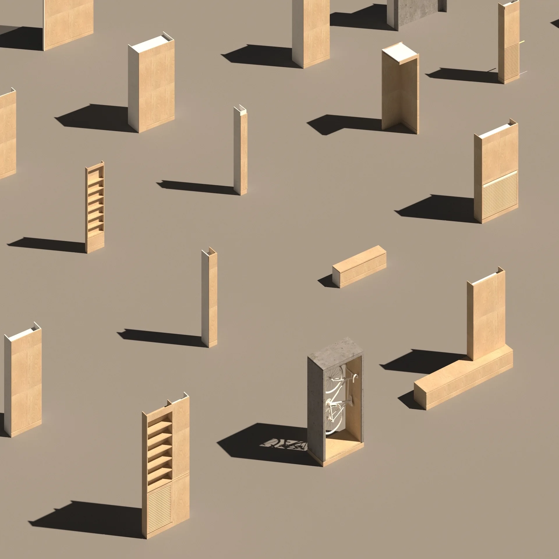 An isometric rendering of light wood modular storage units and a concrete cabinet housing a white bicycle against a flat tan background.