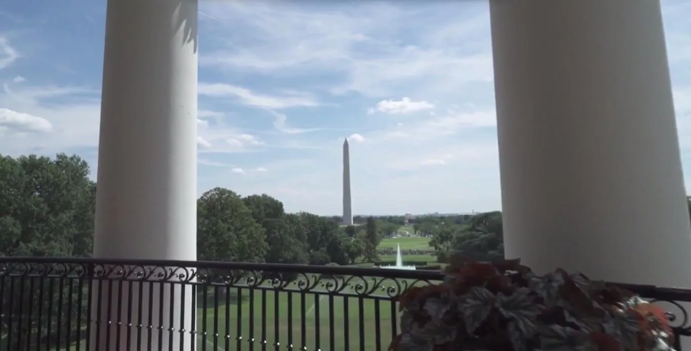 A scenic view of a distant monument and green parkland framed by two large white architectural columns and a black wrought iron balcony railing.