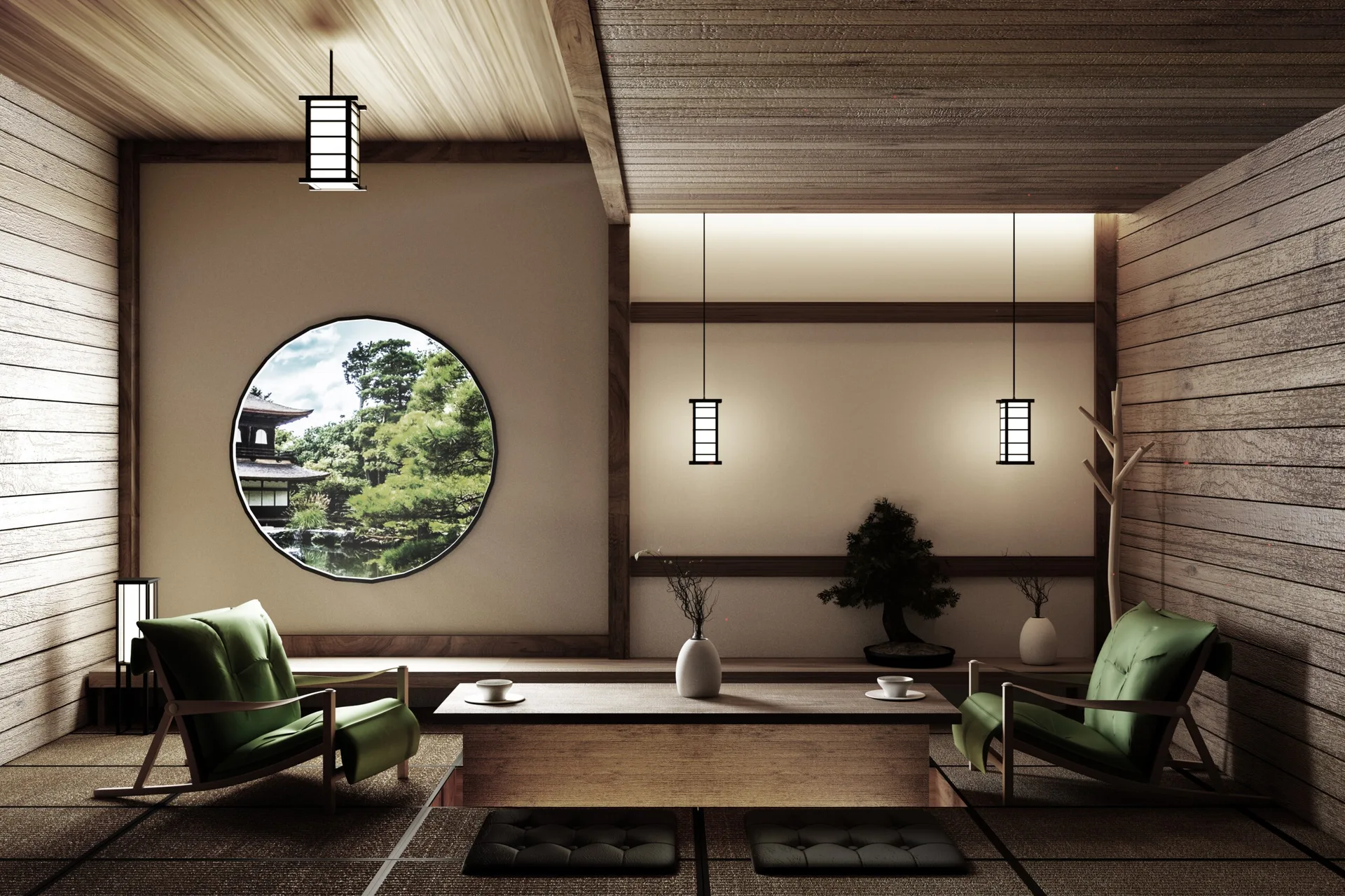 A Japanese-style living room with tatami flooring features green armchairs, a low wooden coffee table, hanging lanterns, and a large circular window.