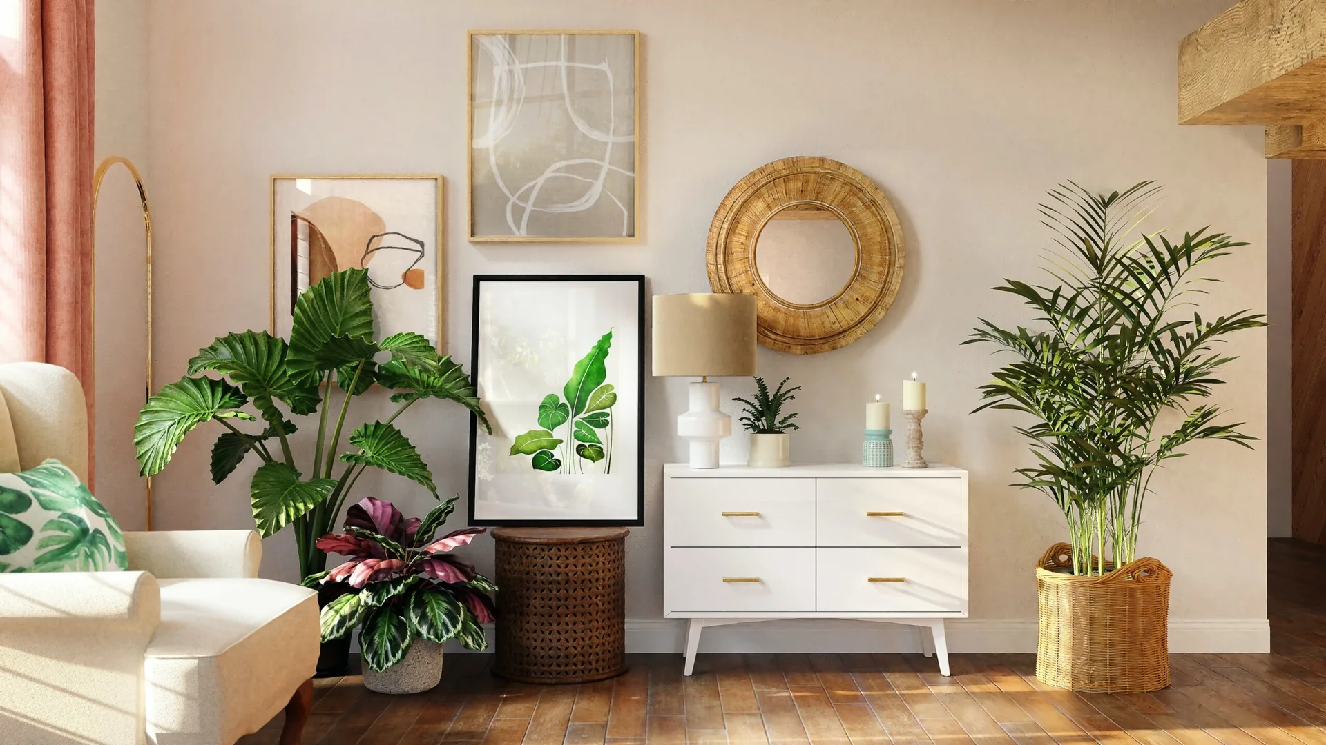 A white four-drawer dresser is styled with a woven round mirror, framed art prints, leafy green houseplants, and an armchair on wood flooring.