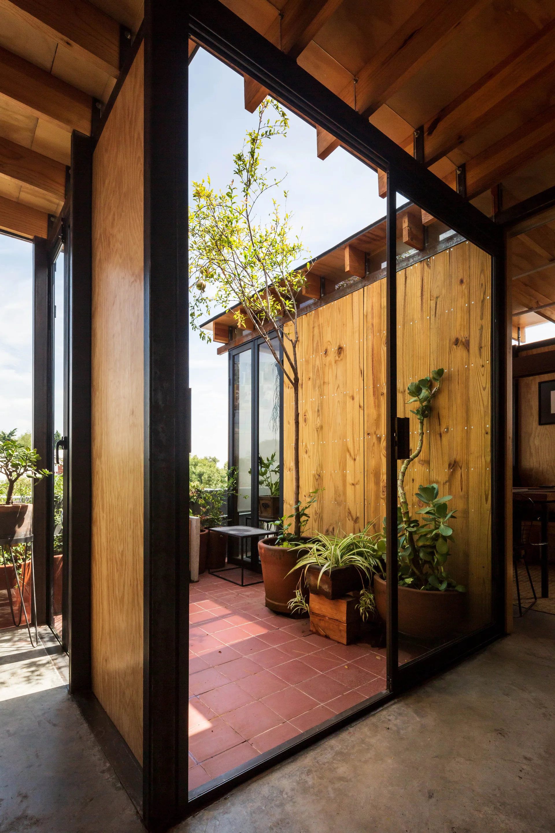 A sliding glass door opens to a terracotta-tiled patio featuring vertical wood paneling and potted plants of various sizes.