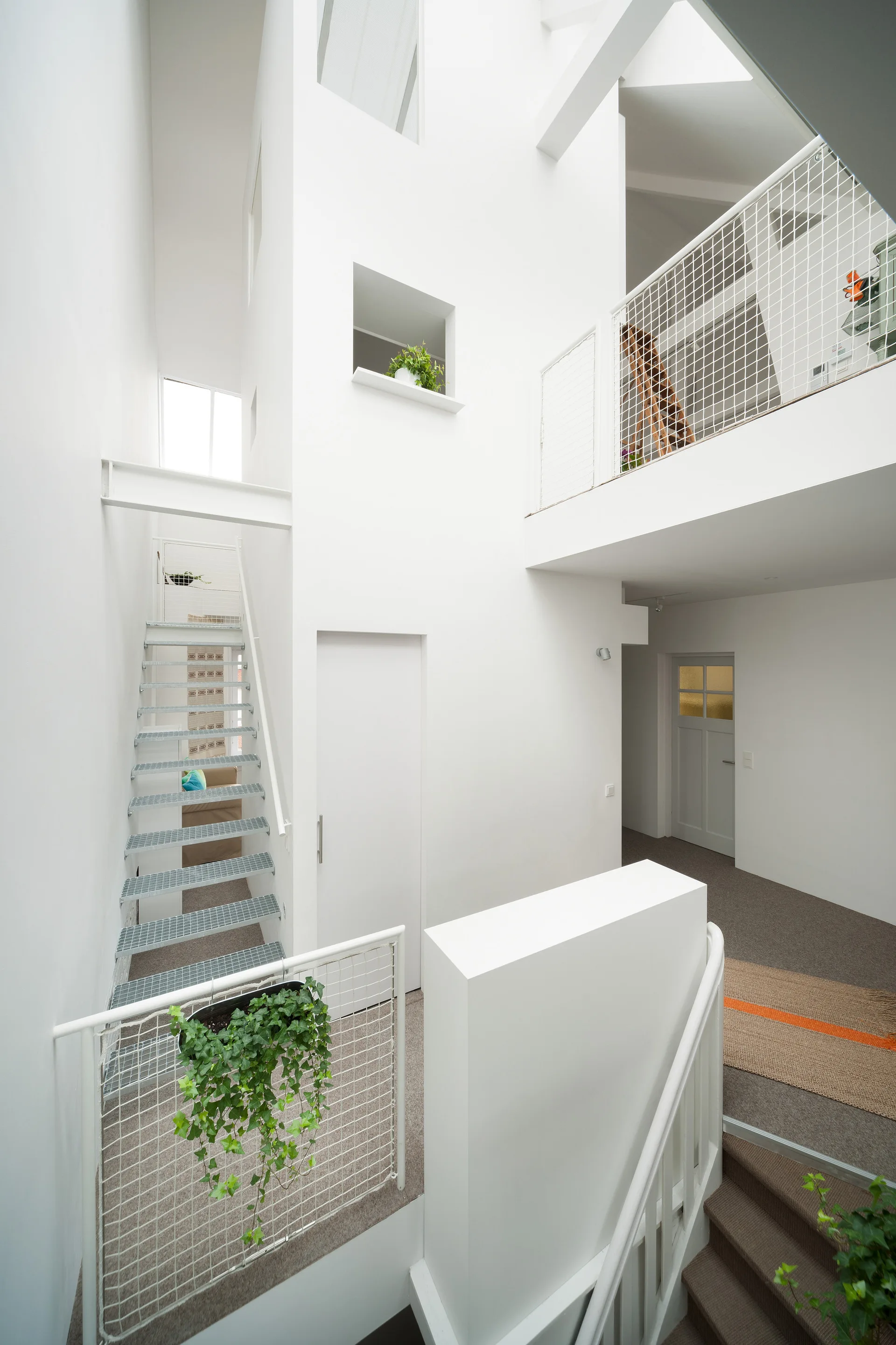 A multi-level white stairwell features industrial steel steps, grid mesh railings with hanging green plants, and carpeted floors under a high ceiling.
