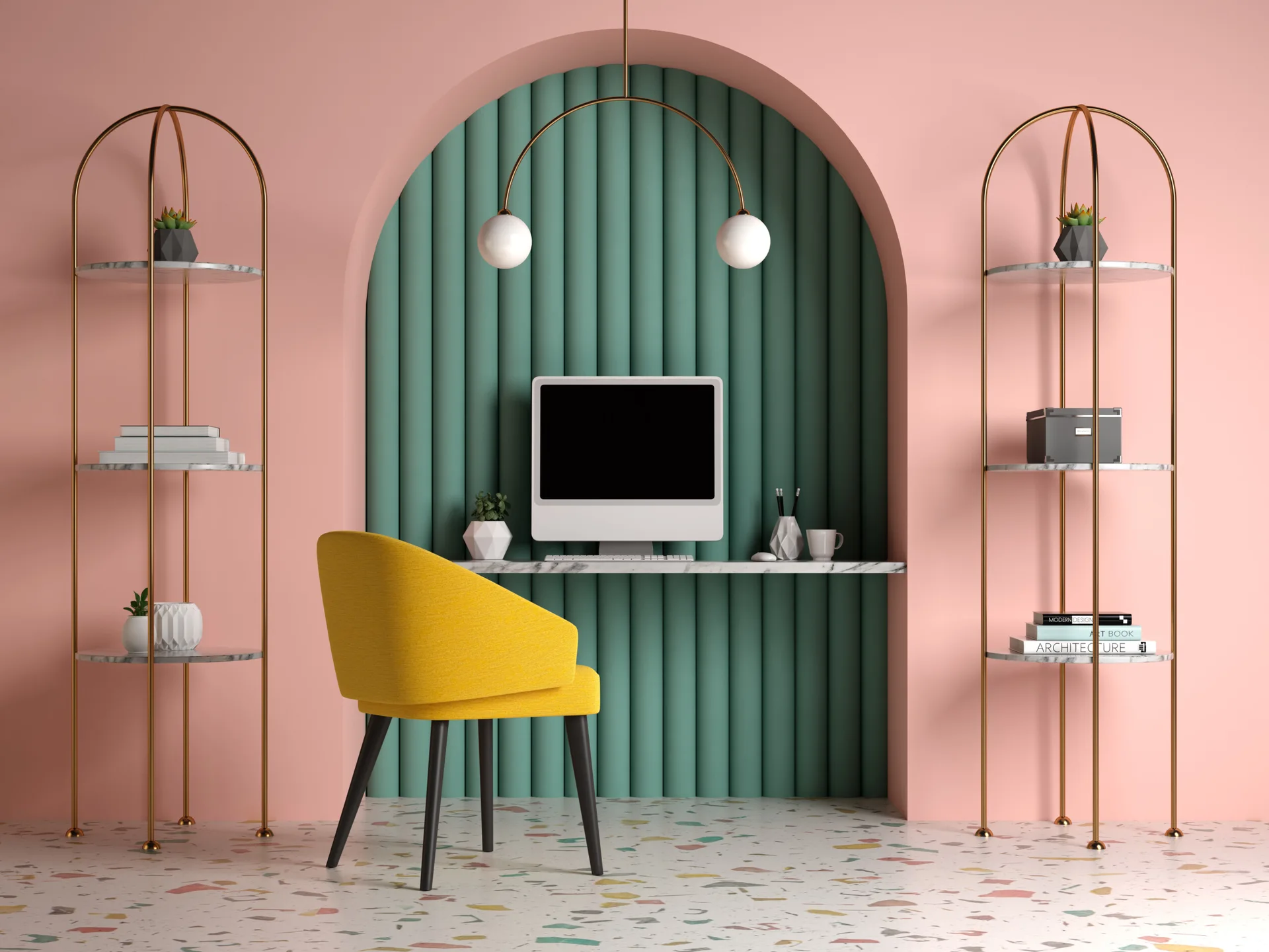 A modern home office workspace featuring a yellow chair, a floating marble desk in a green arched alcove, pink walls, and terrazzo flooring.