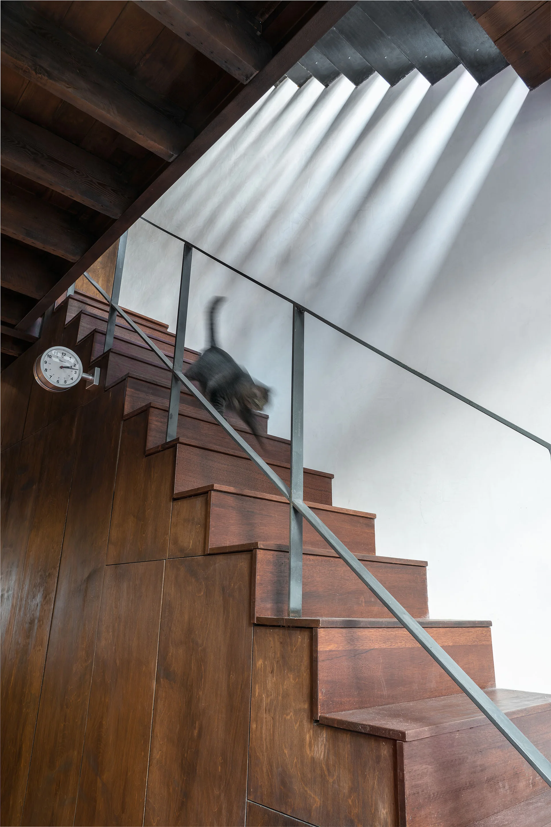 A wooden staircase with a simple black metal handrail and sunbeams cast on the white wall.