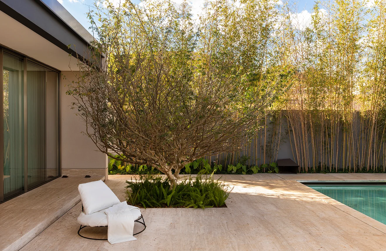 A travertine stone patio features a white lounge chair, a central tree in a planter, a swimming pool, and a background wall of tall bamboo.