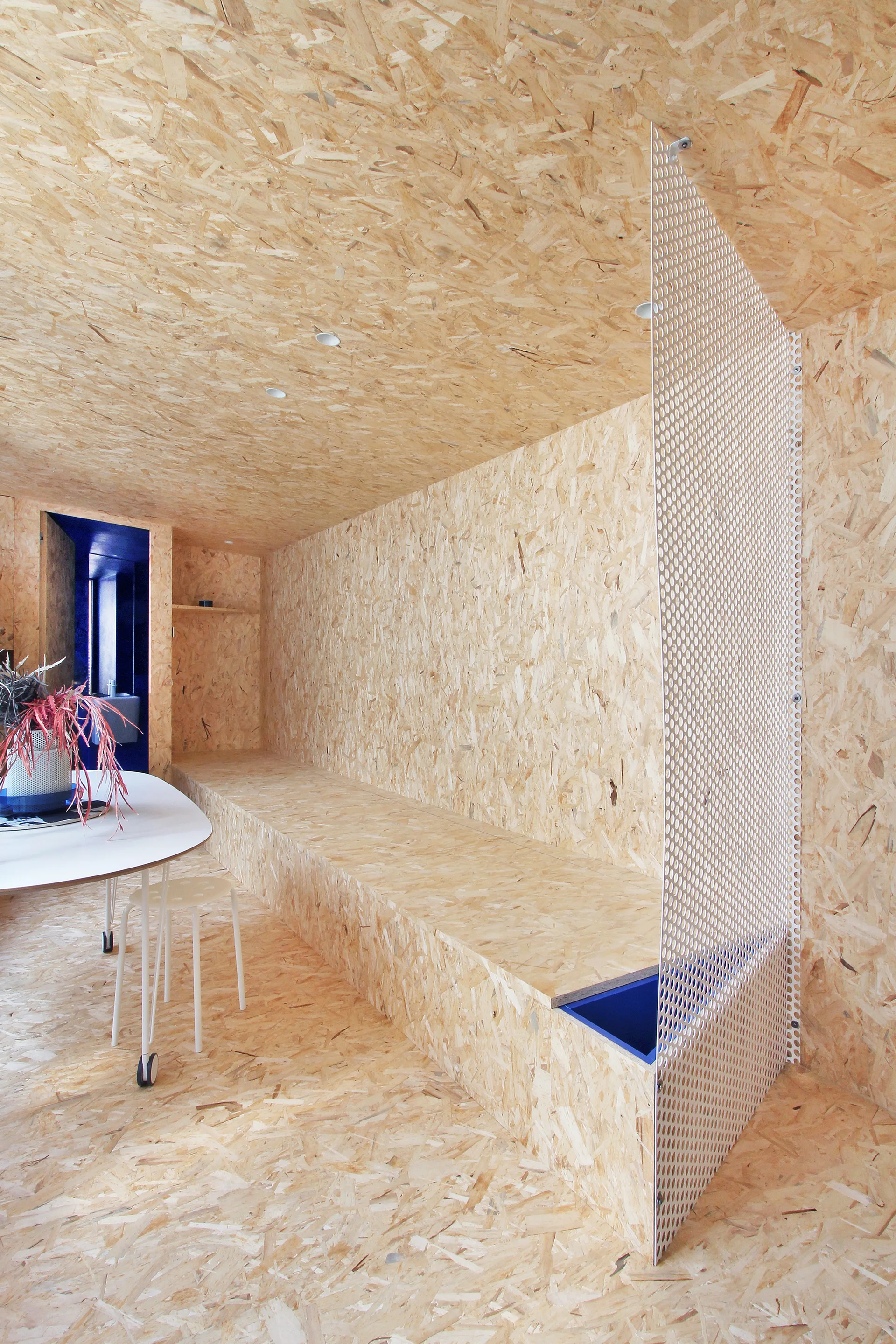 A modern room clad entirely in oriented strand board with a built-in wooden bench, white perforated metal partition, and an electric blue doorway in the back.