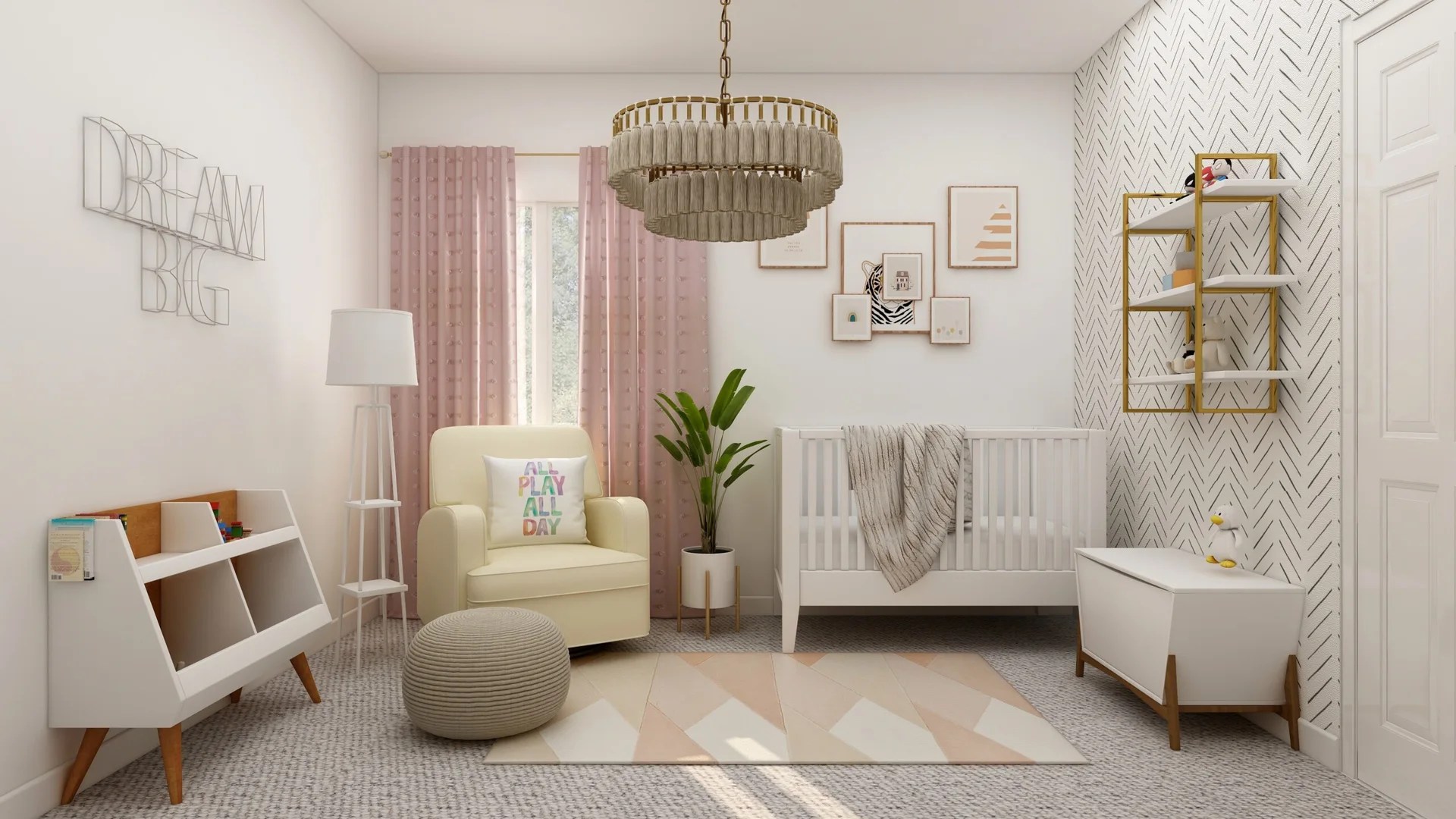 A light-filled nursery features a white wood crib, a cream-colored armchair with pink curtains behind it, and a textured chevron accent wall.