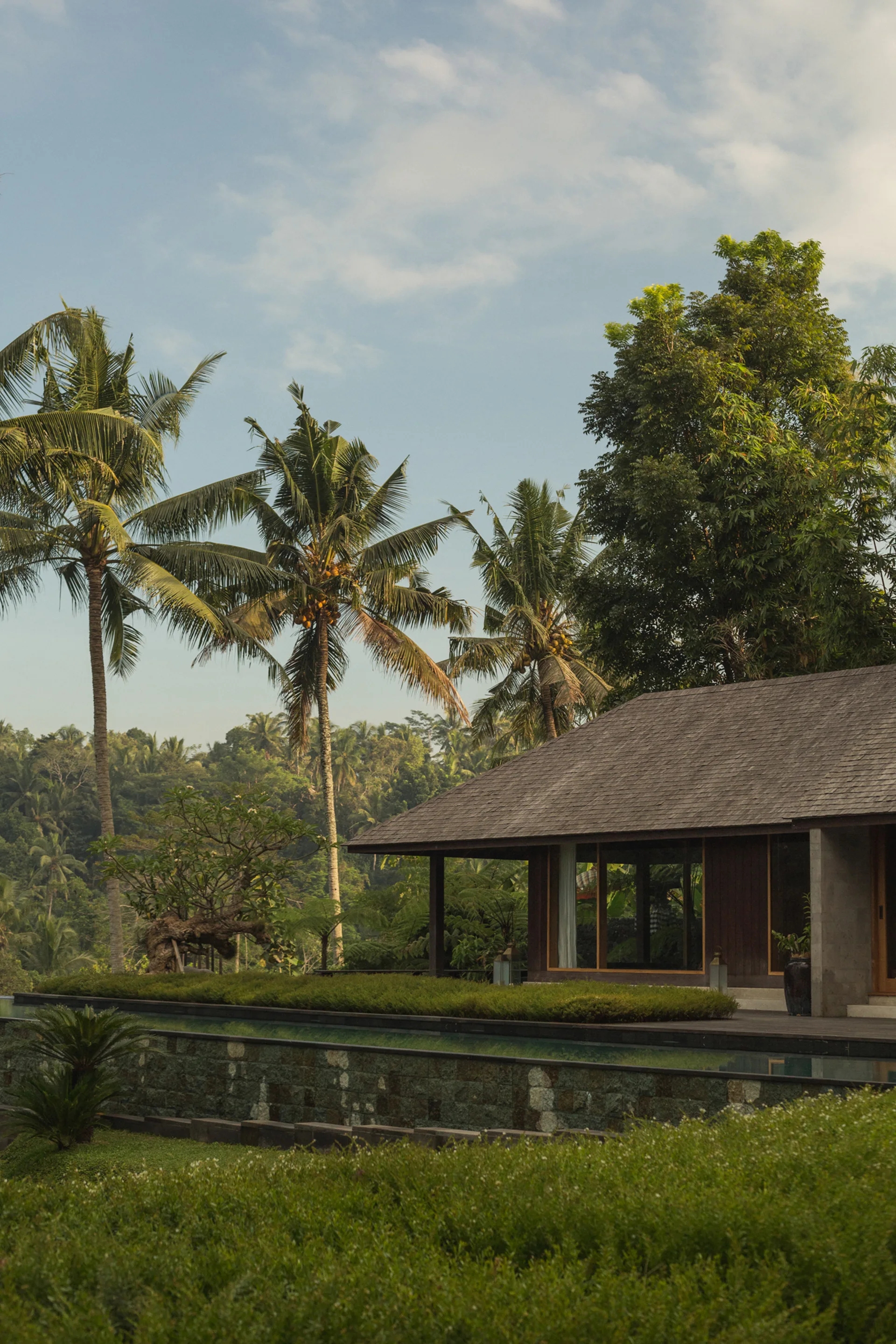 A modern wood-paneled pavilion sits beside a stone-walled swimming pool surrounded by lush green lawns, hedges, and tall palm trees.