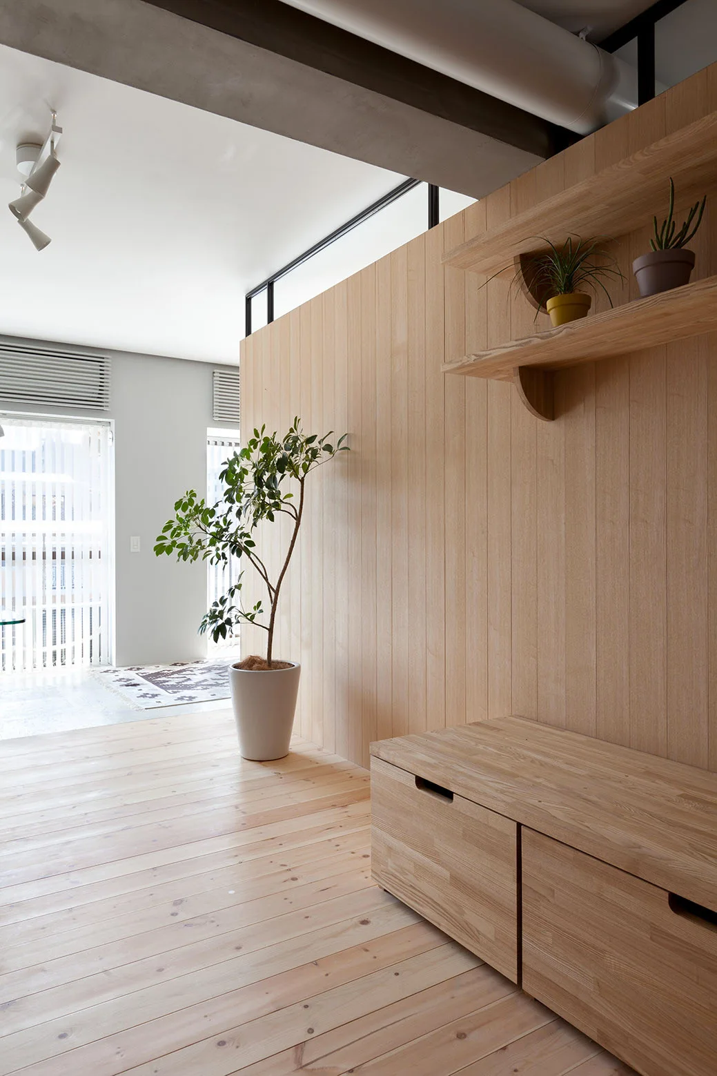 A minimalist hallway featuring vertical light wood wall paneling, a matching wooden storage bench, and a tall potted plant in a white pot.