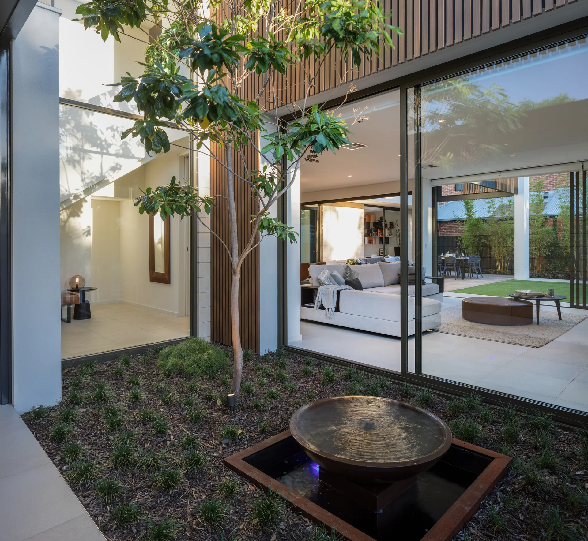 A modern inner courtyard features a round water basin, a young tree, and vertical timber cladding beside large sliding glass walls.