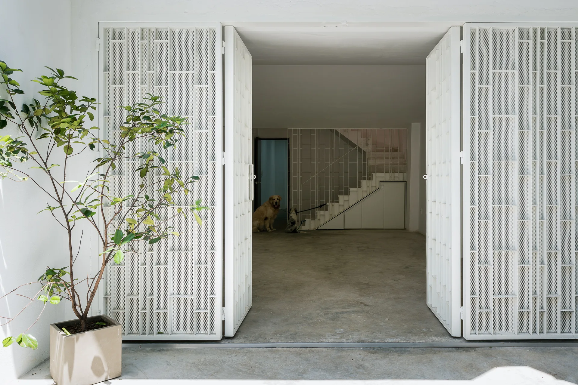 A view through open white perforated metal doors into a minimalist home entryway with smooth concrete floors and a white staircase.