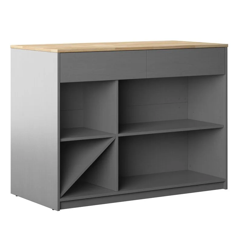 A grey storage console features a light wood top, two upper drawers, and open shelving compartments including one with a diagonal divider.