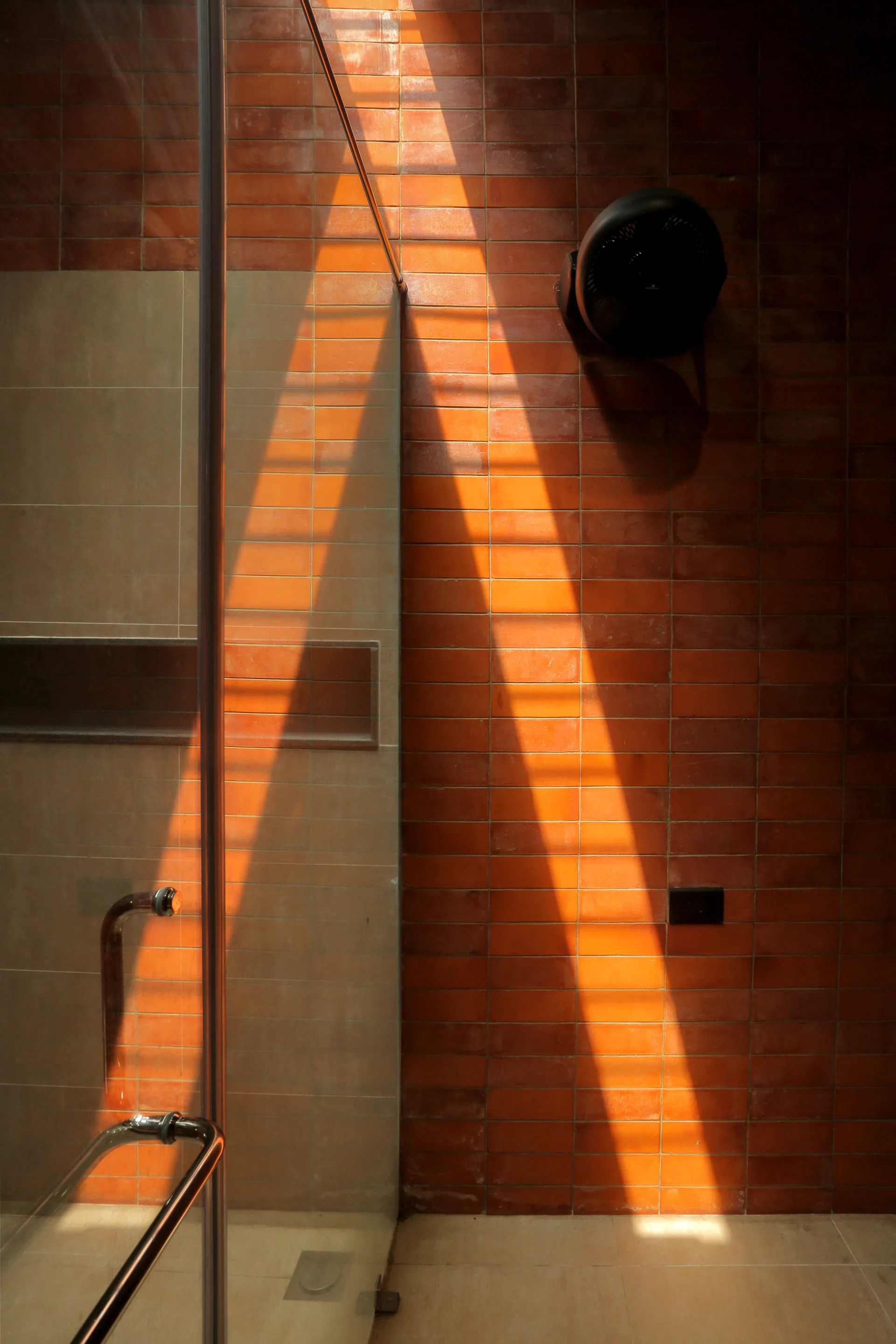 A bathroom featuring a textured terracotta brick wall next to a glass shower panel with a chrome handle, illuminated by a diagonal beam of sunlight.