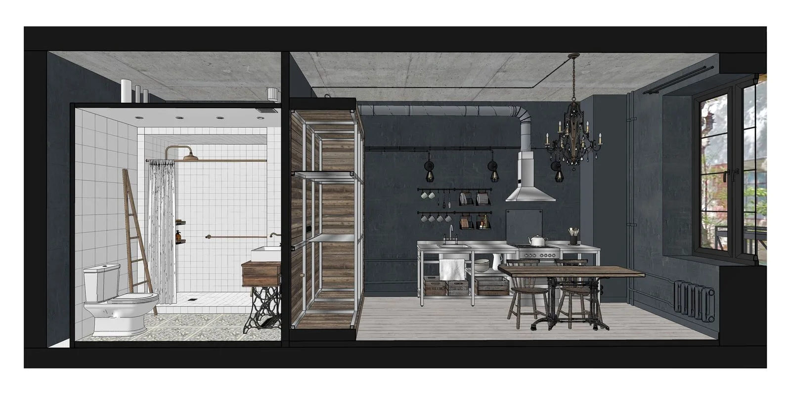 An architectural cross-section rendering showing an industrial kitchen with dark grey walls adjacent to a bright bathroom with white subway tiles.