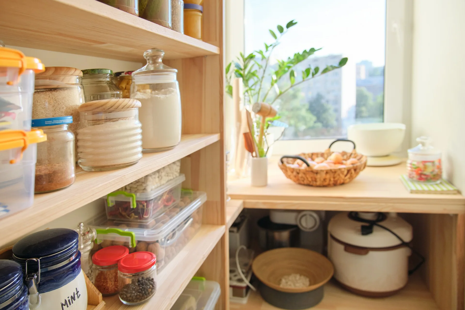Light wood pantry shelves are lined with glass food storage jars and plastic containers next to a sunny kitchen counter.